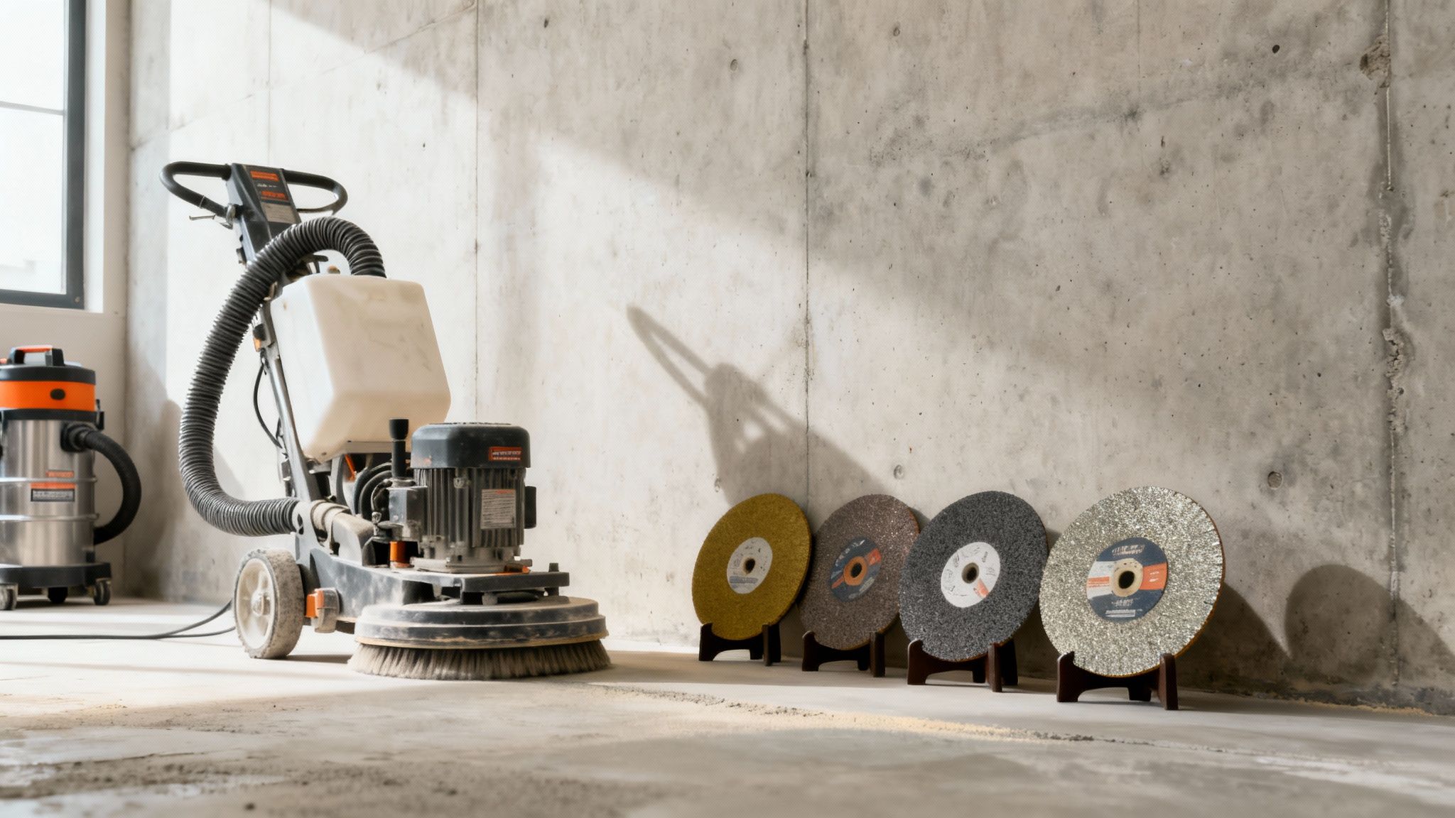 Gulvsliber, støvsuger og slibeskiver opstillet ved en betonvæg, klar til betonslibning.