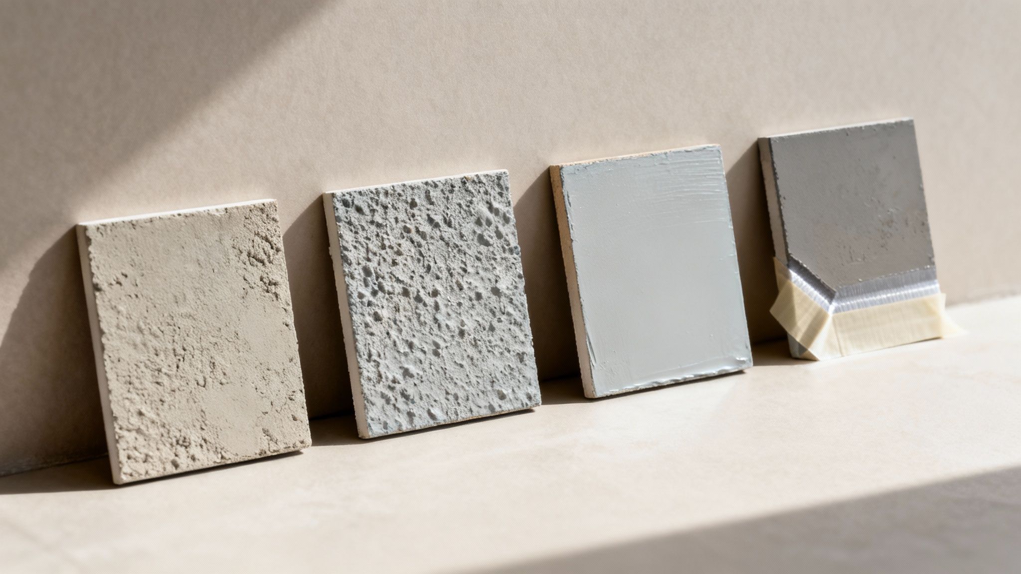 Fire betonprøver viser forskellige overflader og vandtætningsbehandlinger til byggematerialer i dagslys.