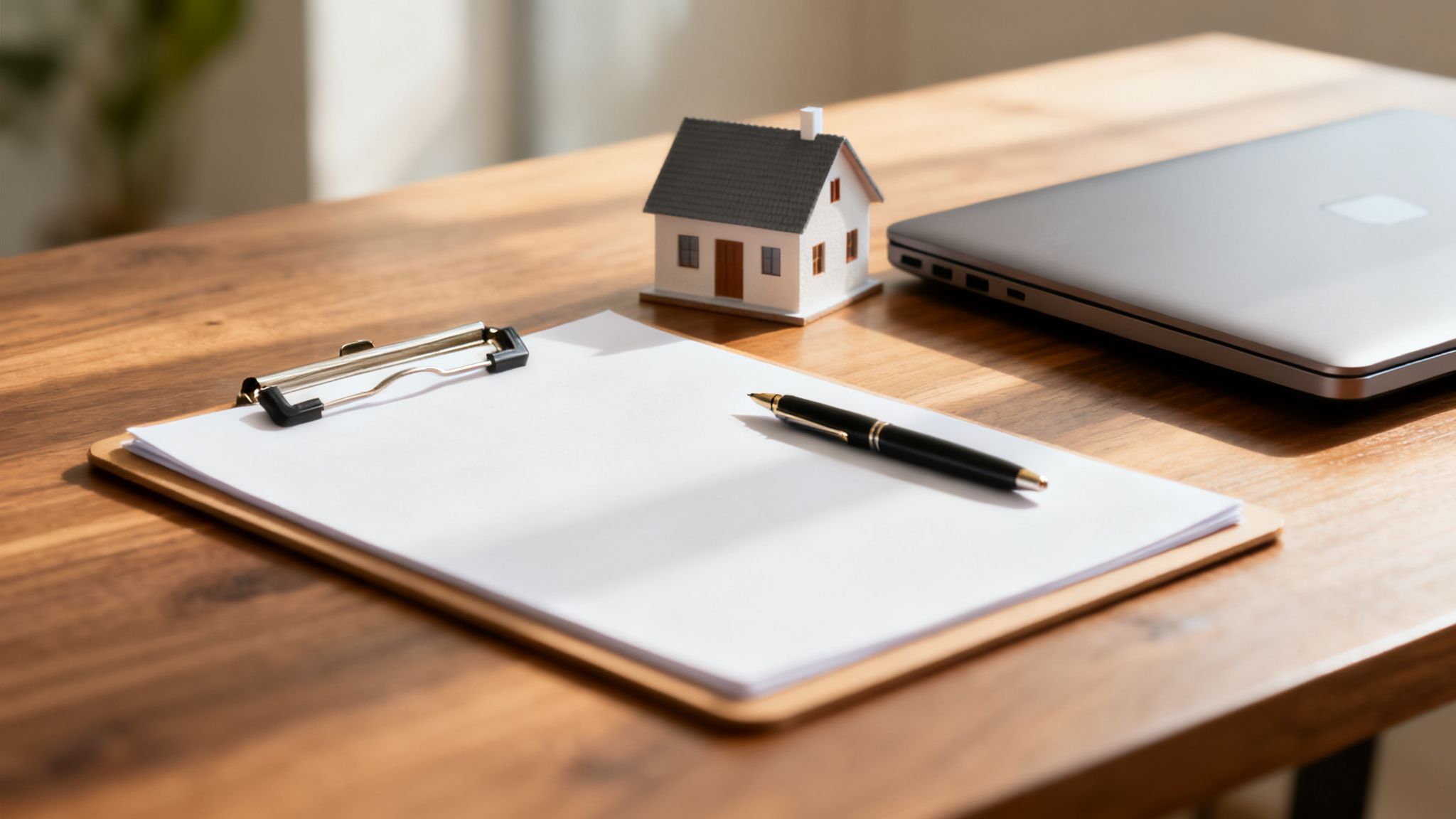 Et skrivebord med en clipboard, kuglepen, et modelhus og en bærbar computer, der repræsenterer bolighandel.