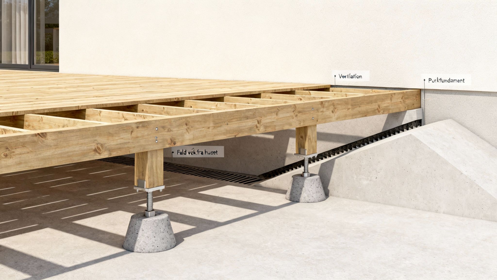 Detaljeret visning af træterrassekonstruktion med justerbare punktfundamenter, ventilation og korrekt fald væk fra huset.