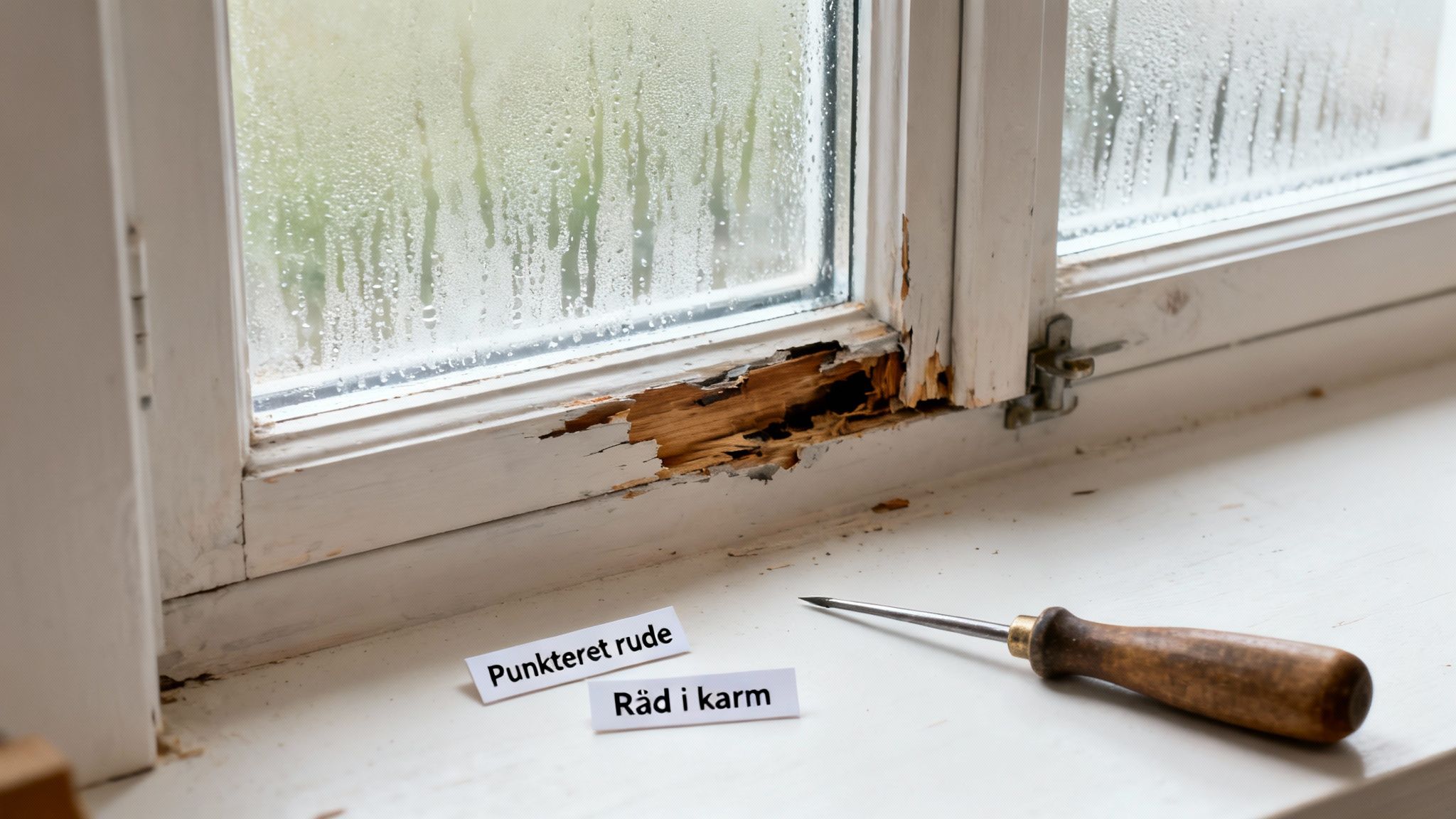 Et vindue med tydelig kondens, fugtskader og råd i trærammen, med to beskrivende labels.