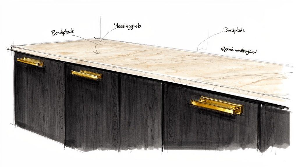 Skitse af en køkkenbordplade i marmor og mørke skabe med messinggreb.