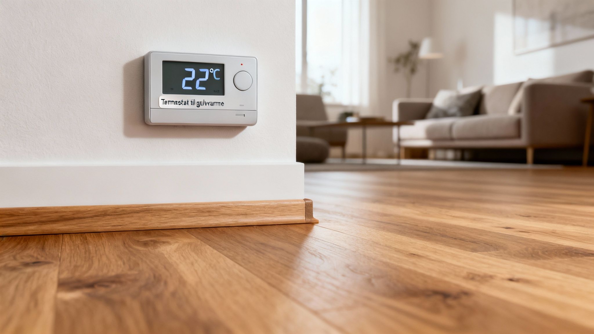 Digital termostat på væggen viser 22°C, over et trægulv i en hyggelig stue.