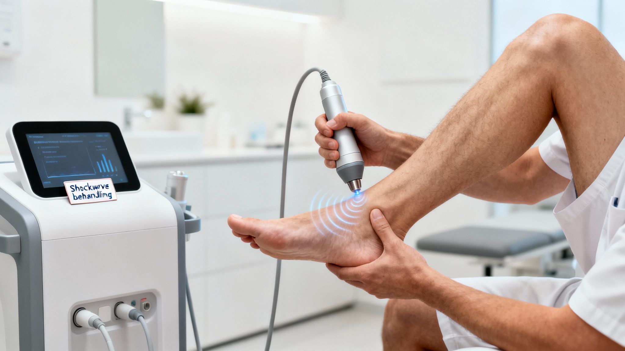 Fysioterapeut behandler en patients ankel med chokbølgeterapi i en klinik.