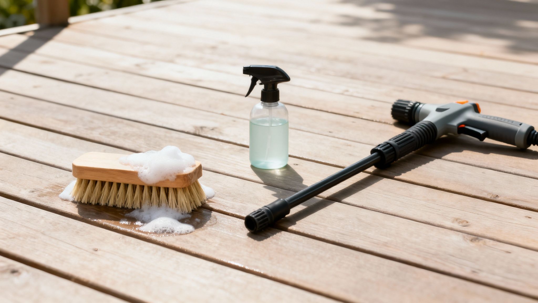 Rengøring af træterrasse med børste, sæbeskum, sprayflaske og haveslange på en solrig dag.