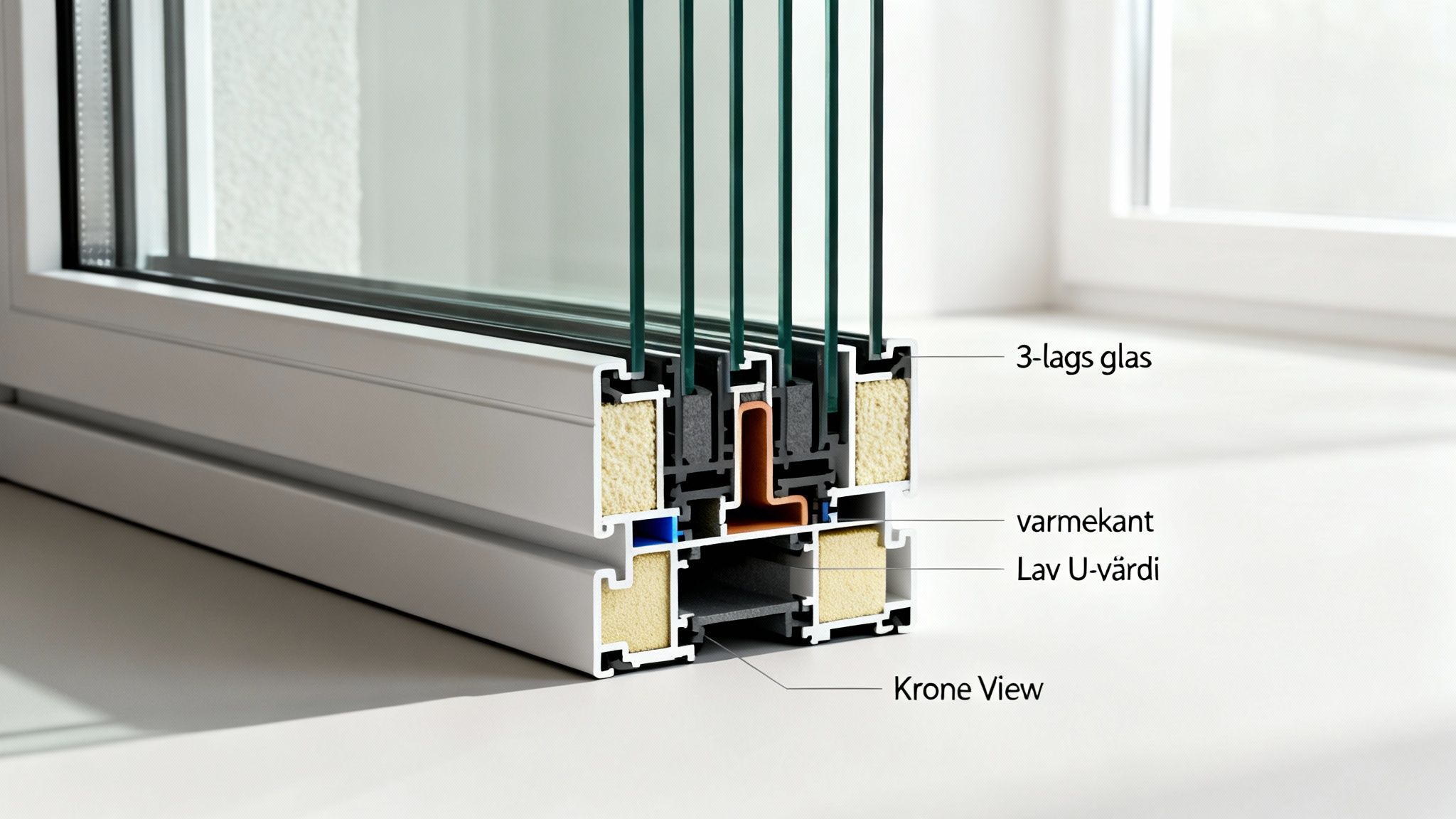 Tværsnit af et energieffektivt Krone View vindue med 3-lags glas, varm kant og lav U-værdi, der viser isolering.
