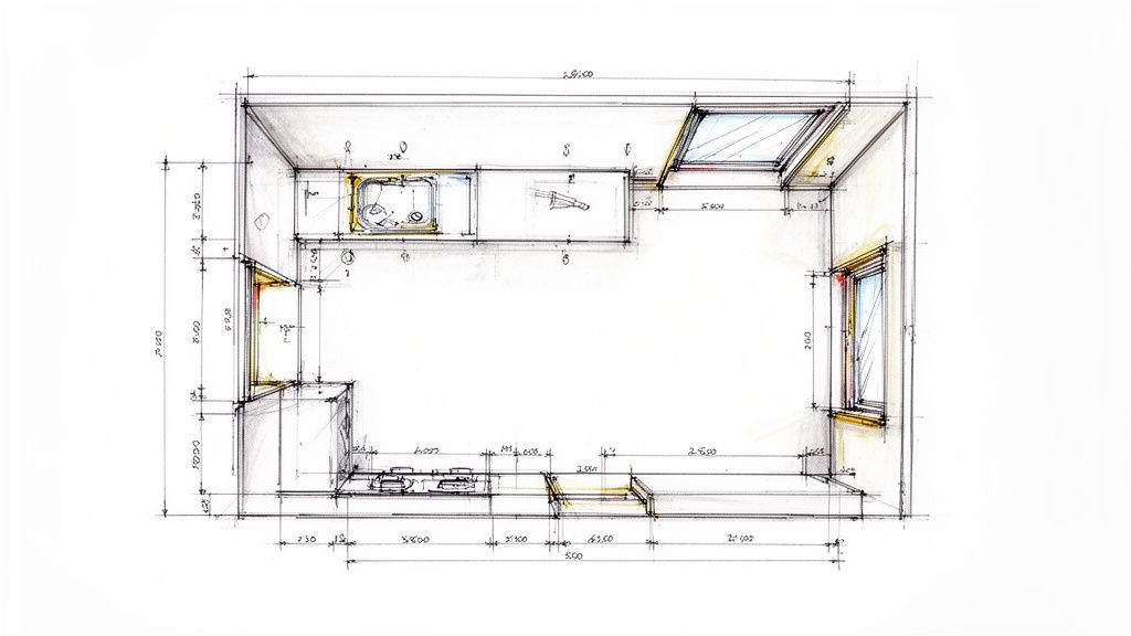 Detaljeret håndtegnet arkitektonisk skitse af et køkkenrum med vinduer, dimensioner og inventar.