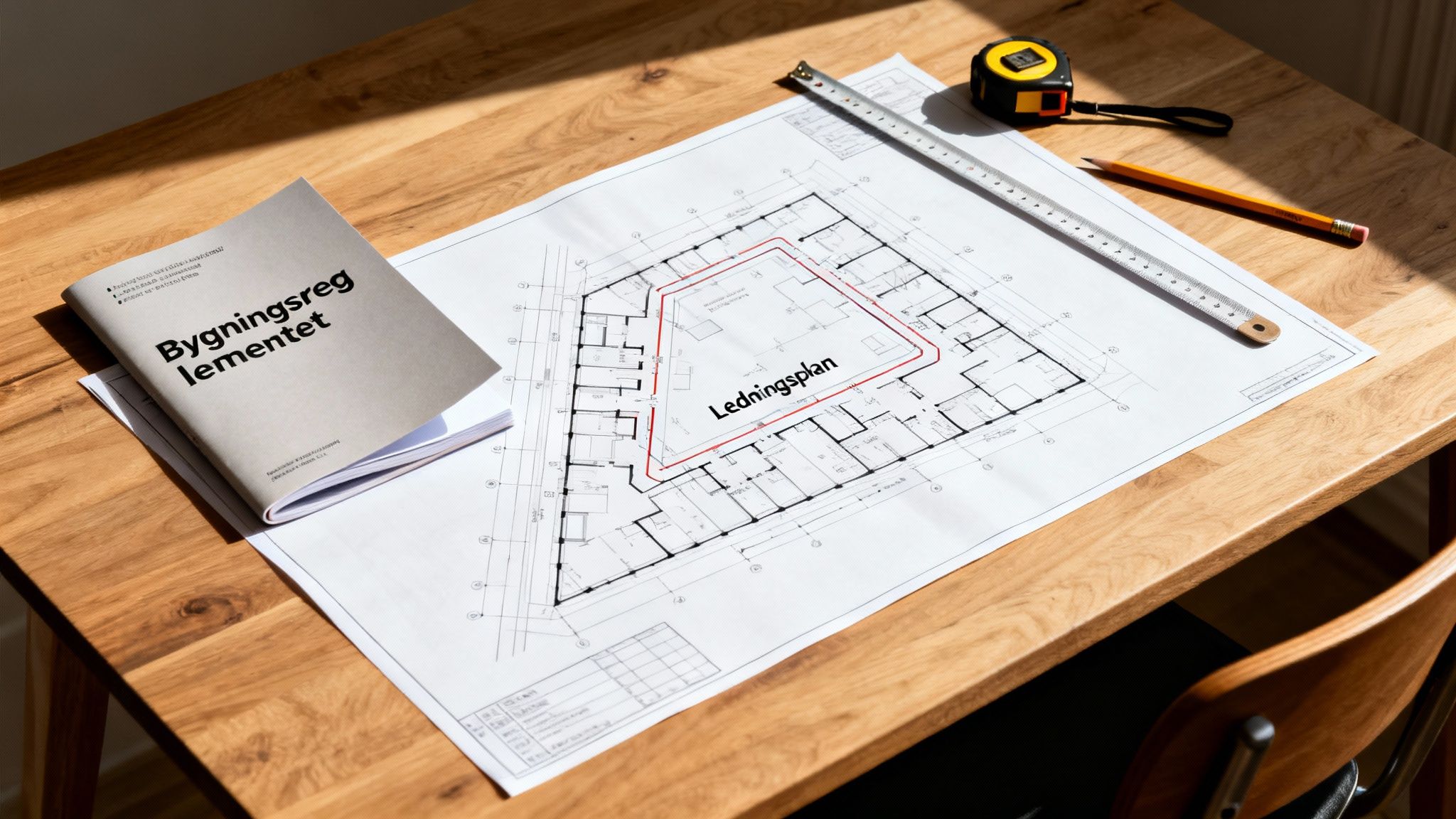 Byggeplan på træbord med Bygningsreglementet, målebånd, lineal og blyant, klar til projekt.