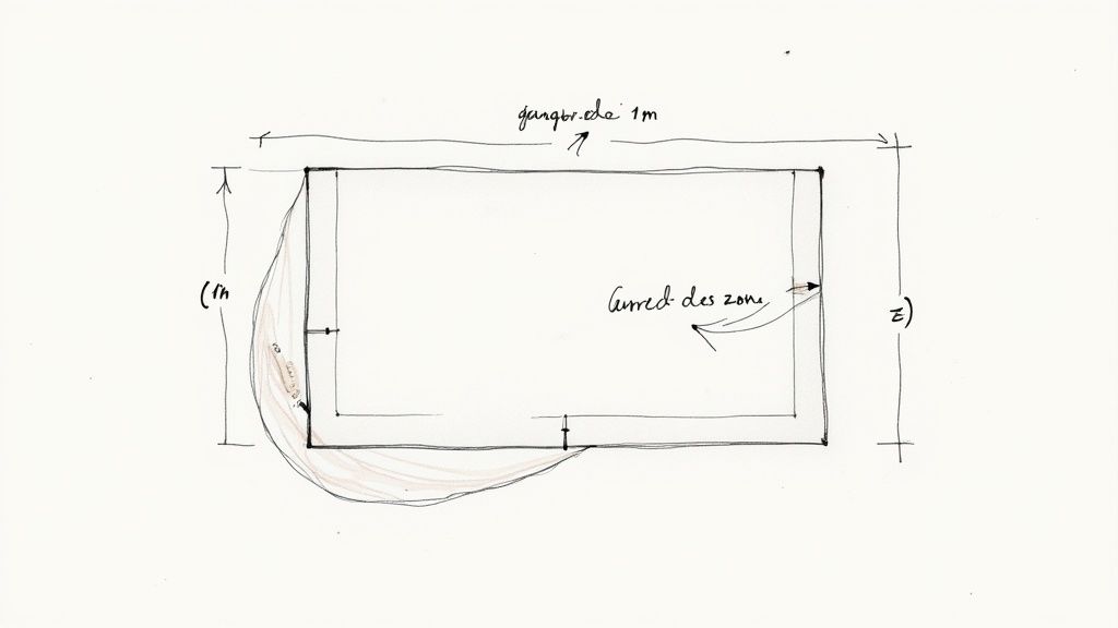 Håndtegnet skitse af et rektangulært rum med mål, inklusiv en gangbredde på 1m og en buet zone.