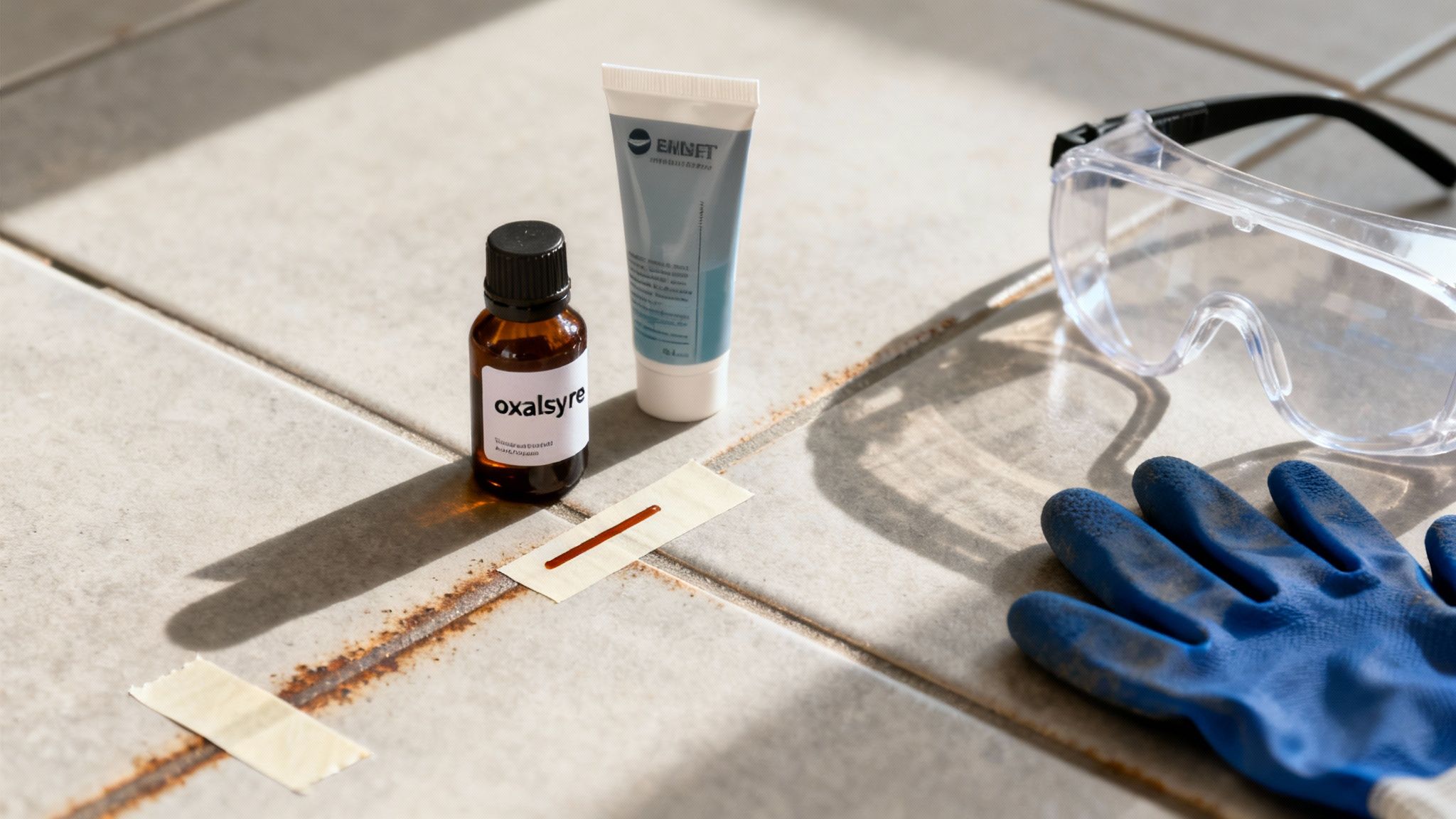 En person anvender en specialiseret rustfjerner på genstridige pletter på fliser med beskyttelseshandsker på.