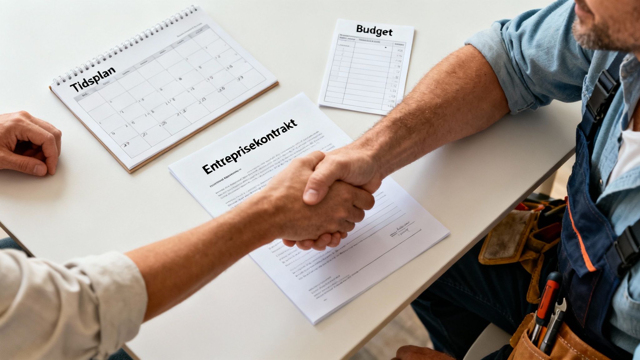 To mænd giver hånd over en entreprisekontrakt, med tidsplan og budget på bordet.