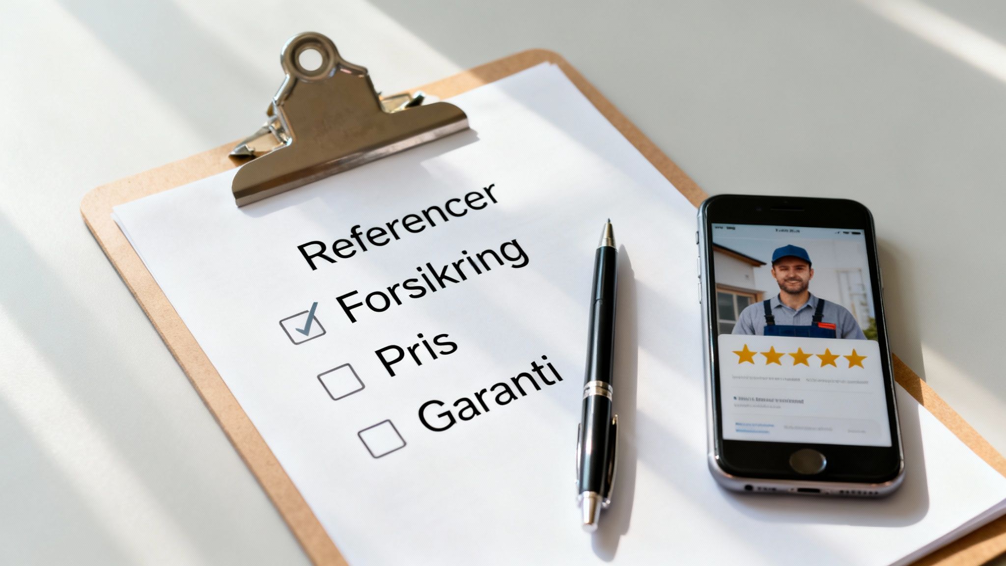 Tjekliste med afkrydset 'Forsikring' og telefon med 5-stjernet anmeldelse af en håndværker.