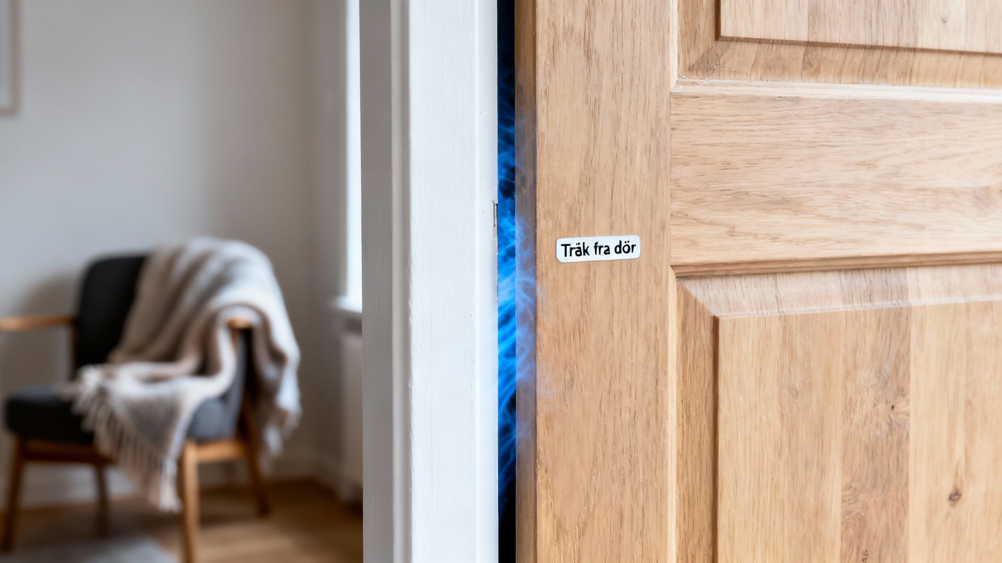 En åben trædør med skiltet 'Tråk fra dör' viser en blå tætningsliste og et sløret rum med en lænestol.
