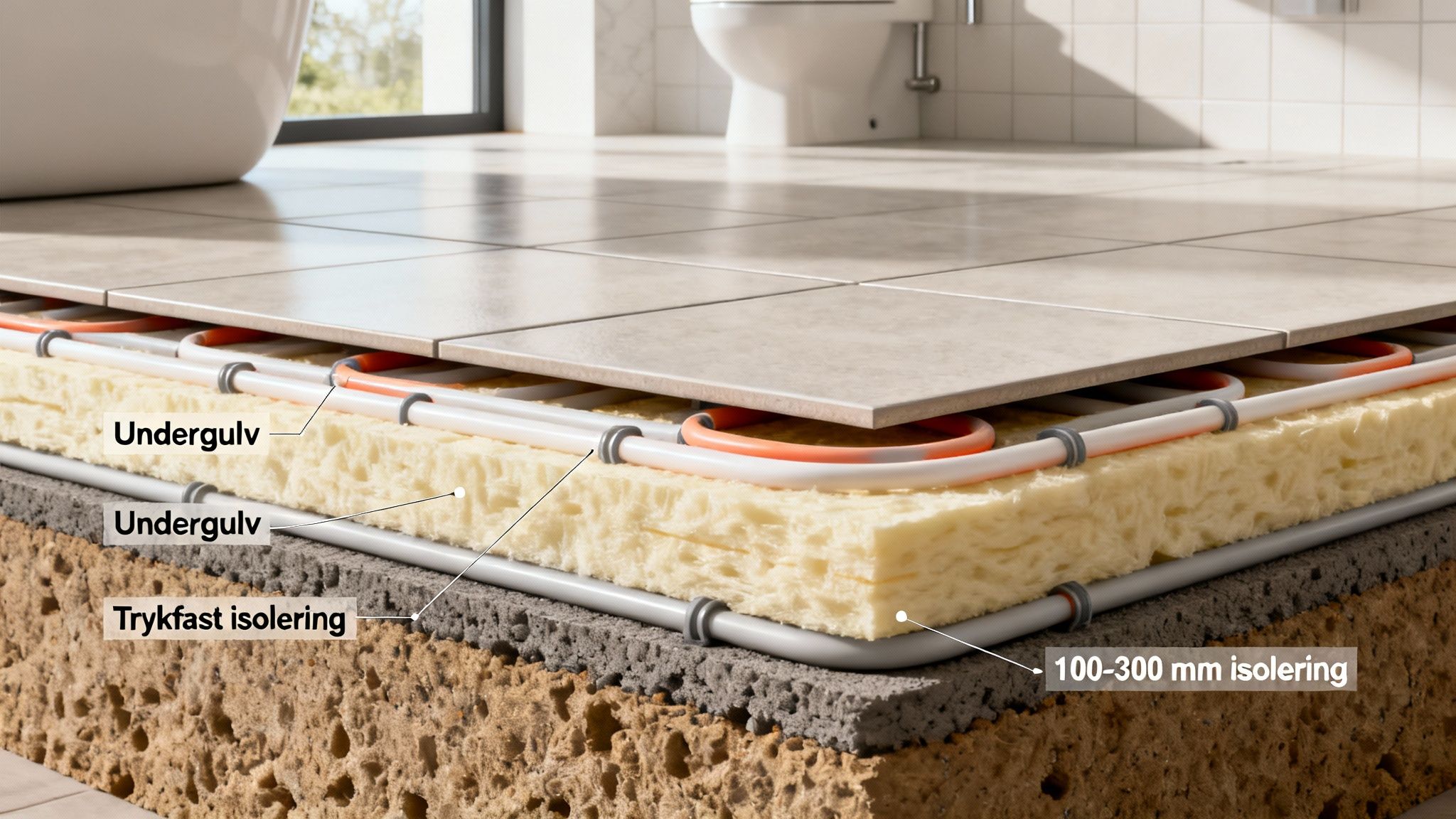 Detaljeret snit af badeværelsesgulv med gulvvarme, isolering og undergulvslag, der viser konstruktionen.