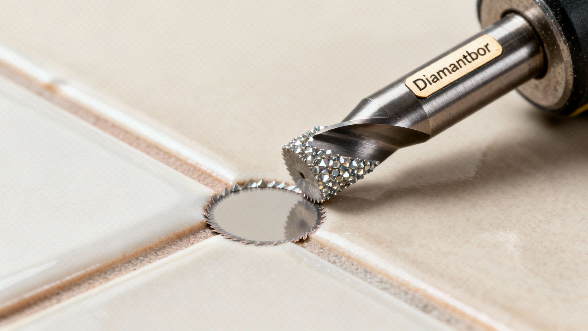 Et diamantbor laver et rent cirkulært snit i en lys beige flise, med en udskåret flisestykke ved siden af.