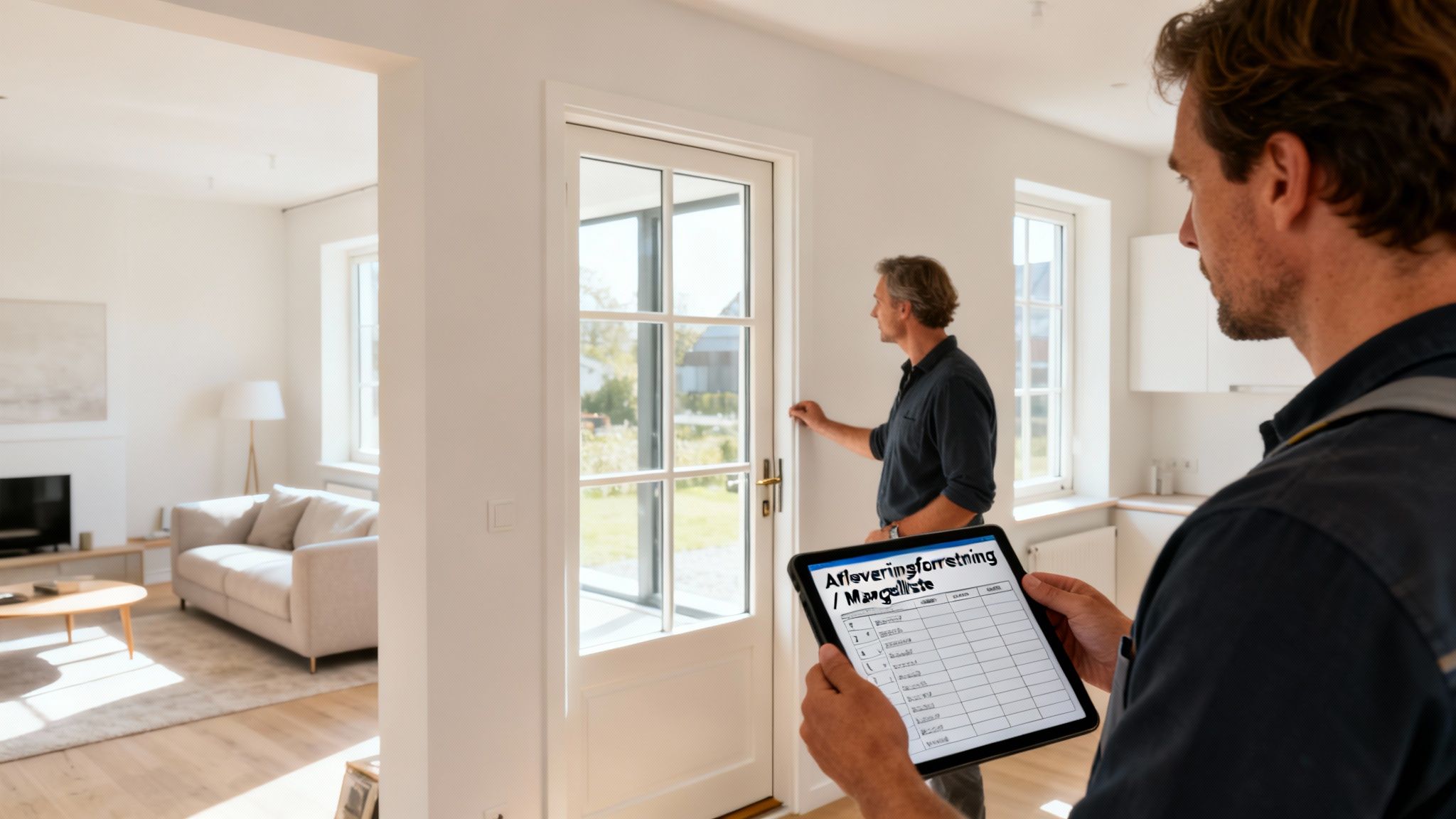 Mand inspicerer dør mens en anden mand holder tablet med en aflaveringsforretning/mangelliste.
