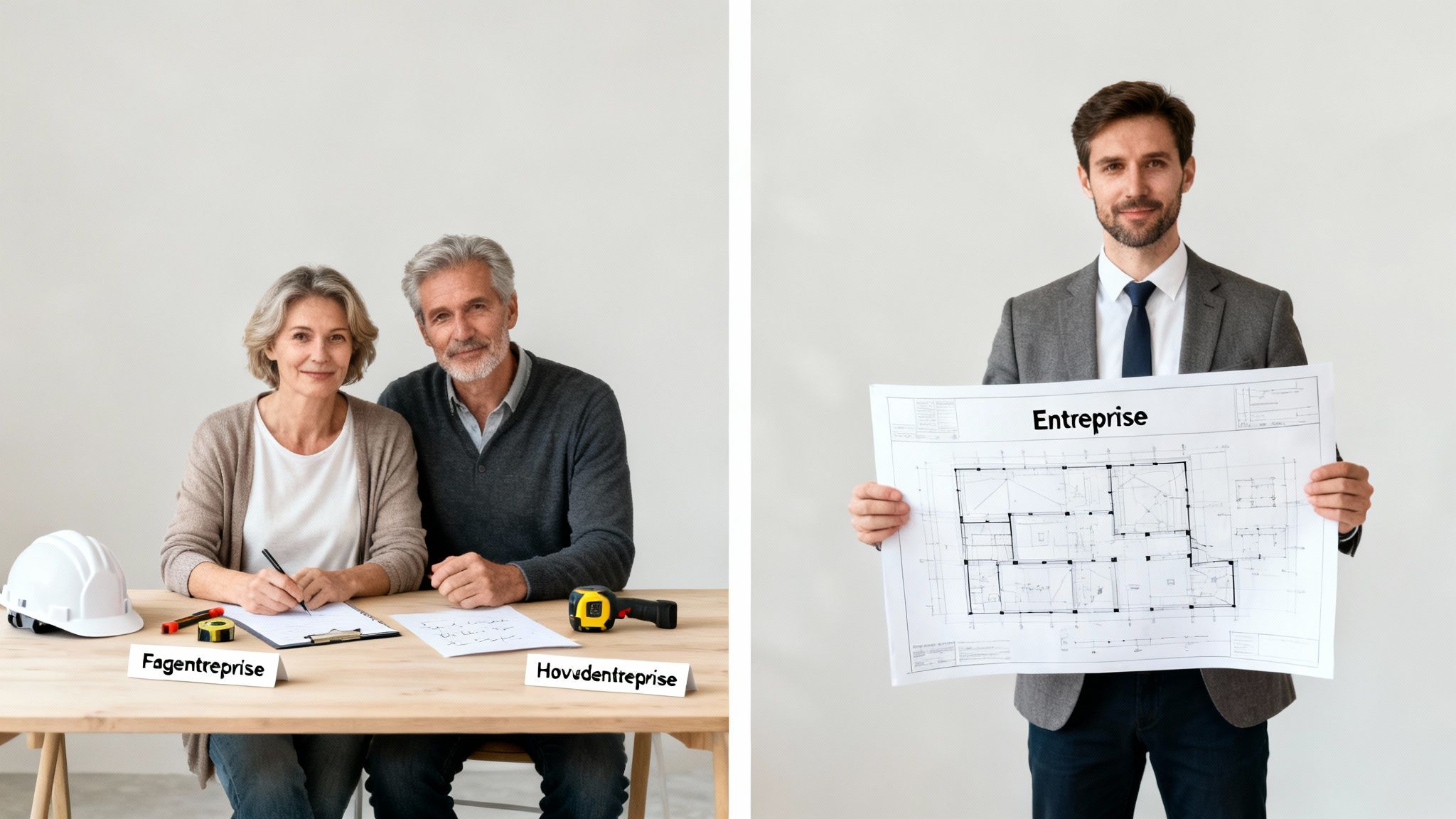 To ældre medarbejdere ved et skrivebord med byggeudstyr, og en mand i jakkesæt holder en bygningstegning.