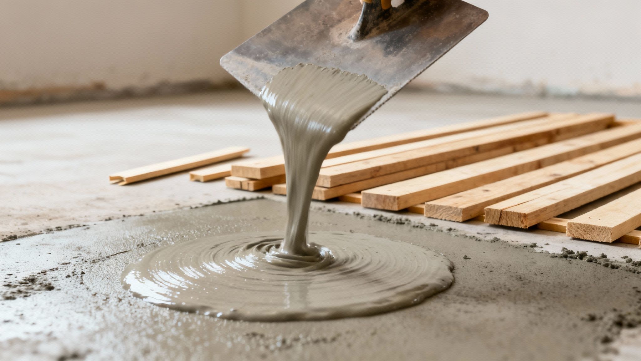 En murske hælder flydende gulvspartelmasse ud på et betongulv for at udjævne det.