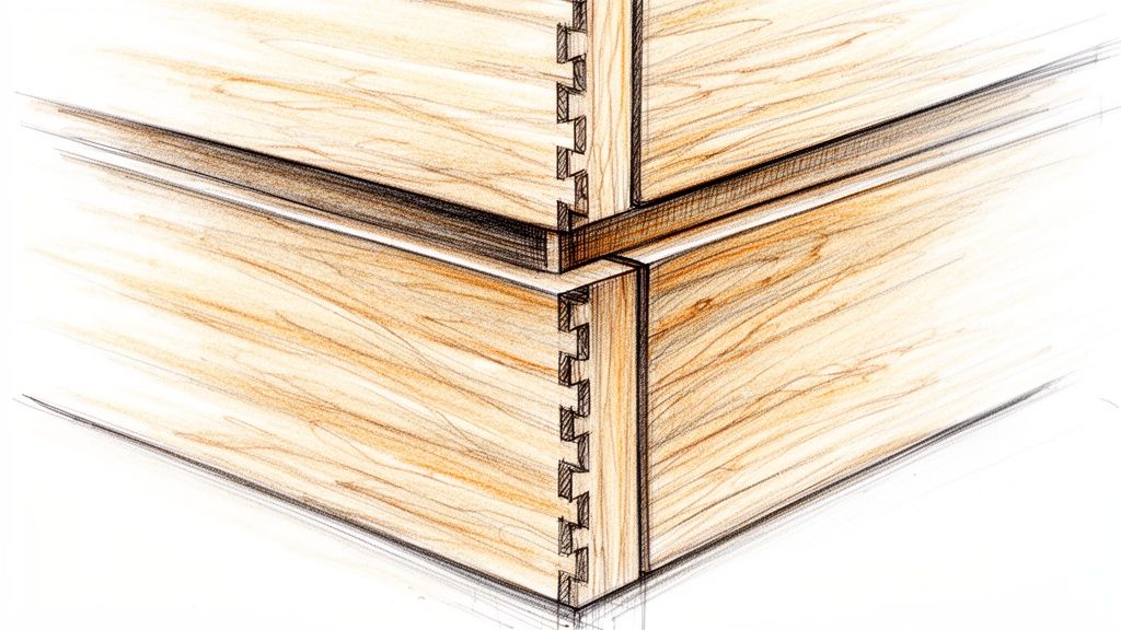 Detaljeret håndtegning af trækasser med svalehalesamlinger, der viser godt håndværk og træets struktur.