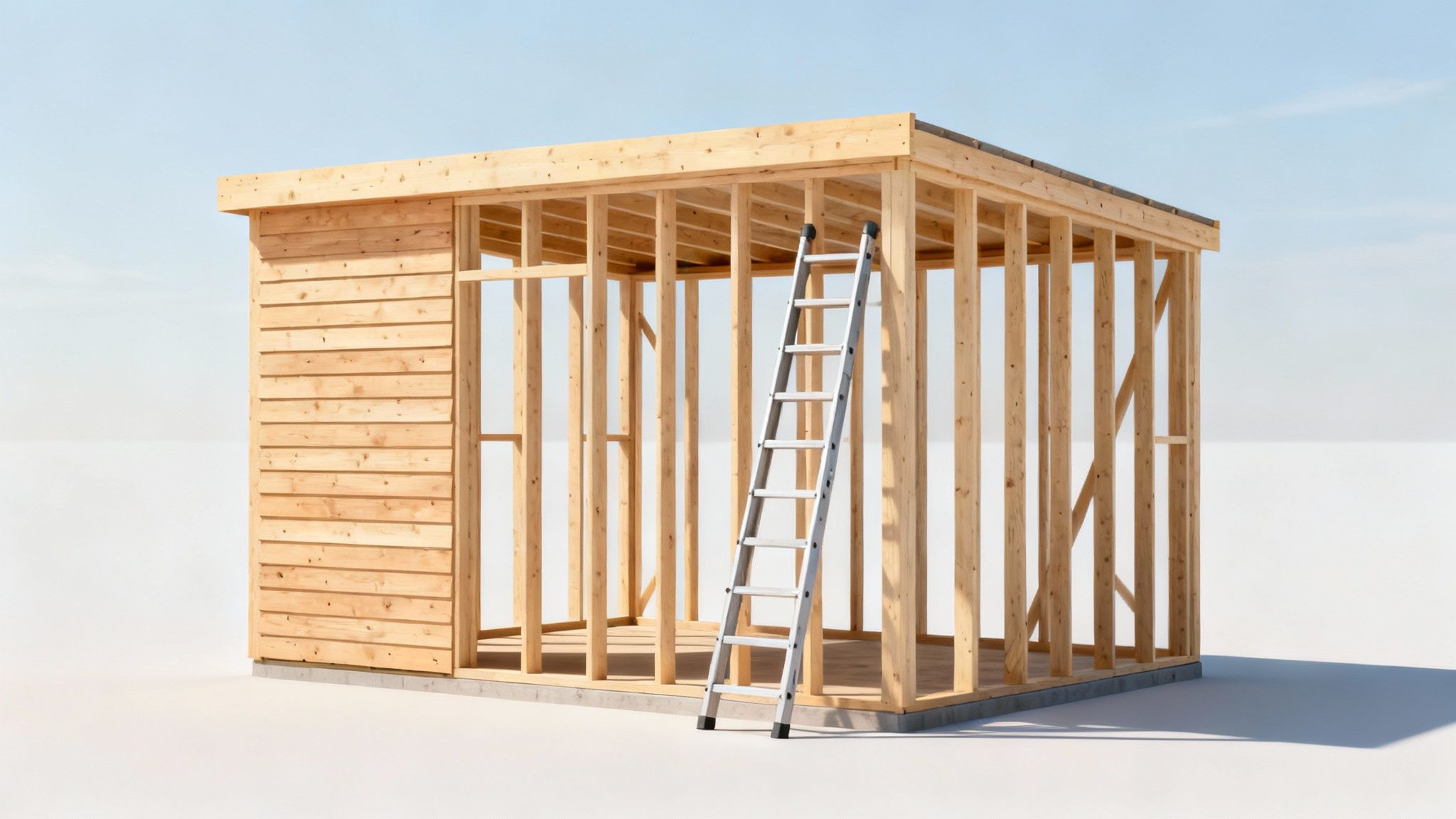 En person der bygger skelettet til et skur med træbjælker og værktøj