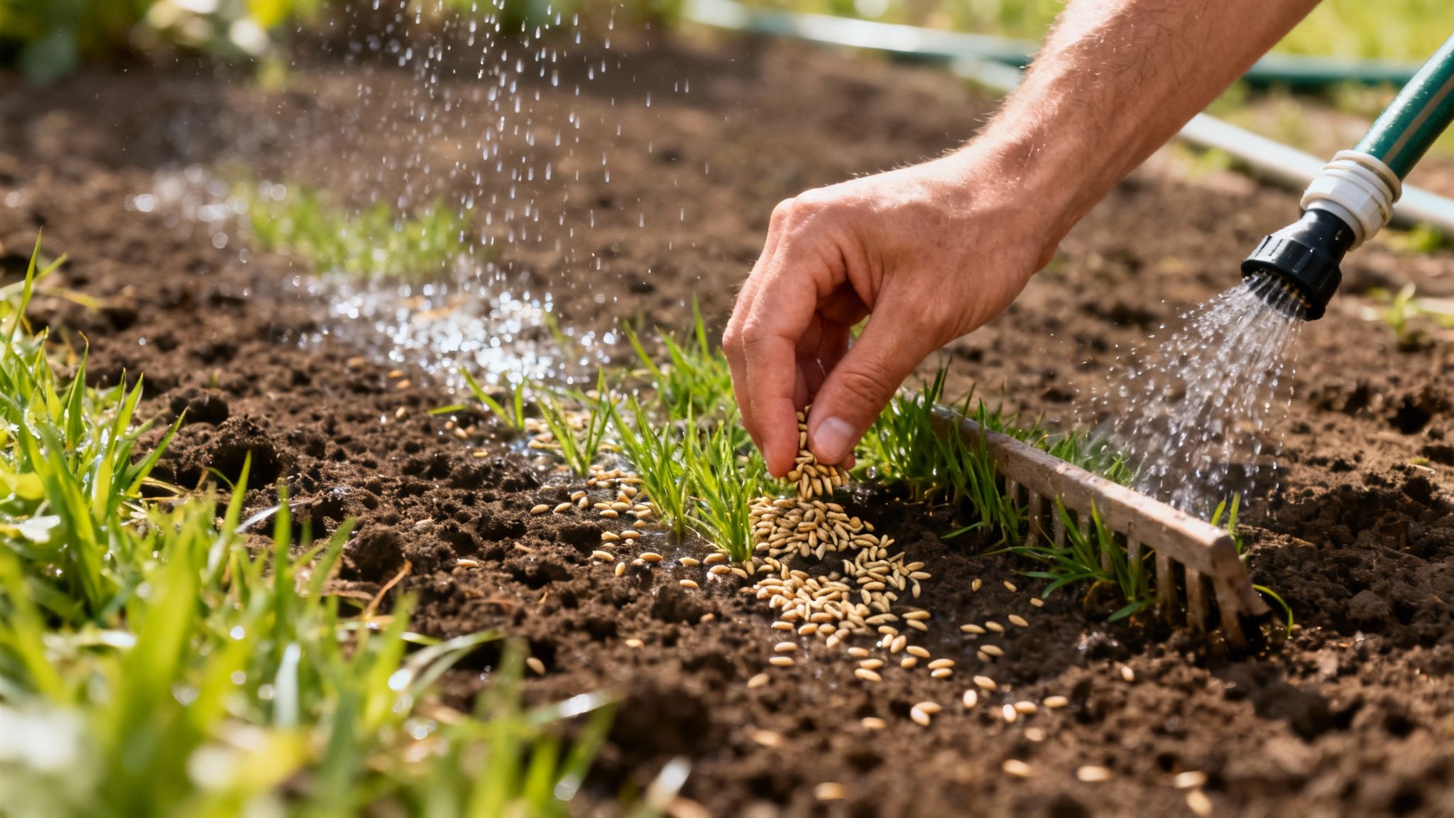 En person sår frø i jorden, mens græs vandes med en slange i en have.
