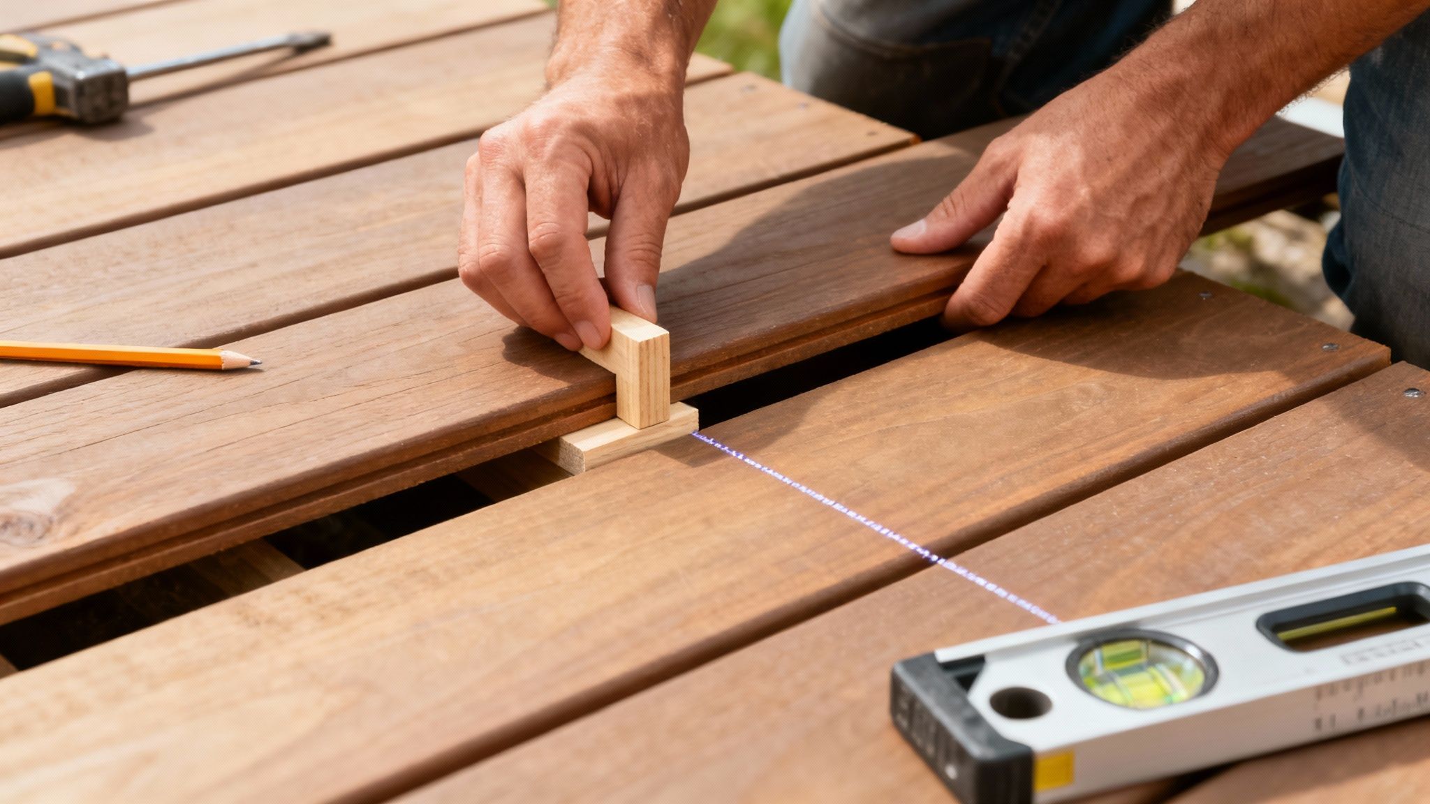 Hænder der lægger terrassebrædder, bruger en afstandsholder og laser til præcis montering.