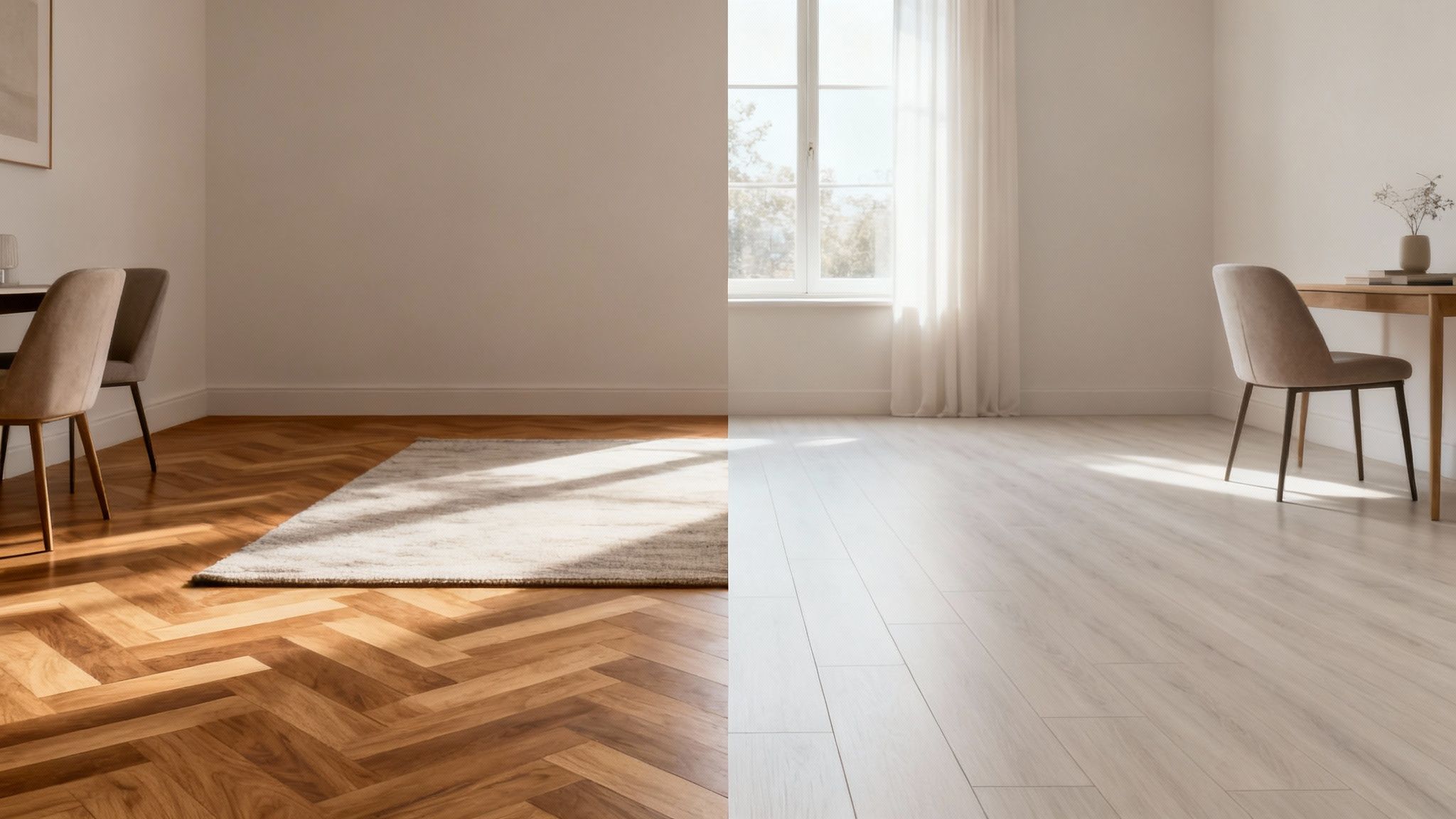 Et splitbillede af to rum med forskellige gulve: varmt sildebensparket og lyst plankegulv, i naturligt lys.