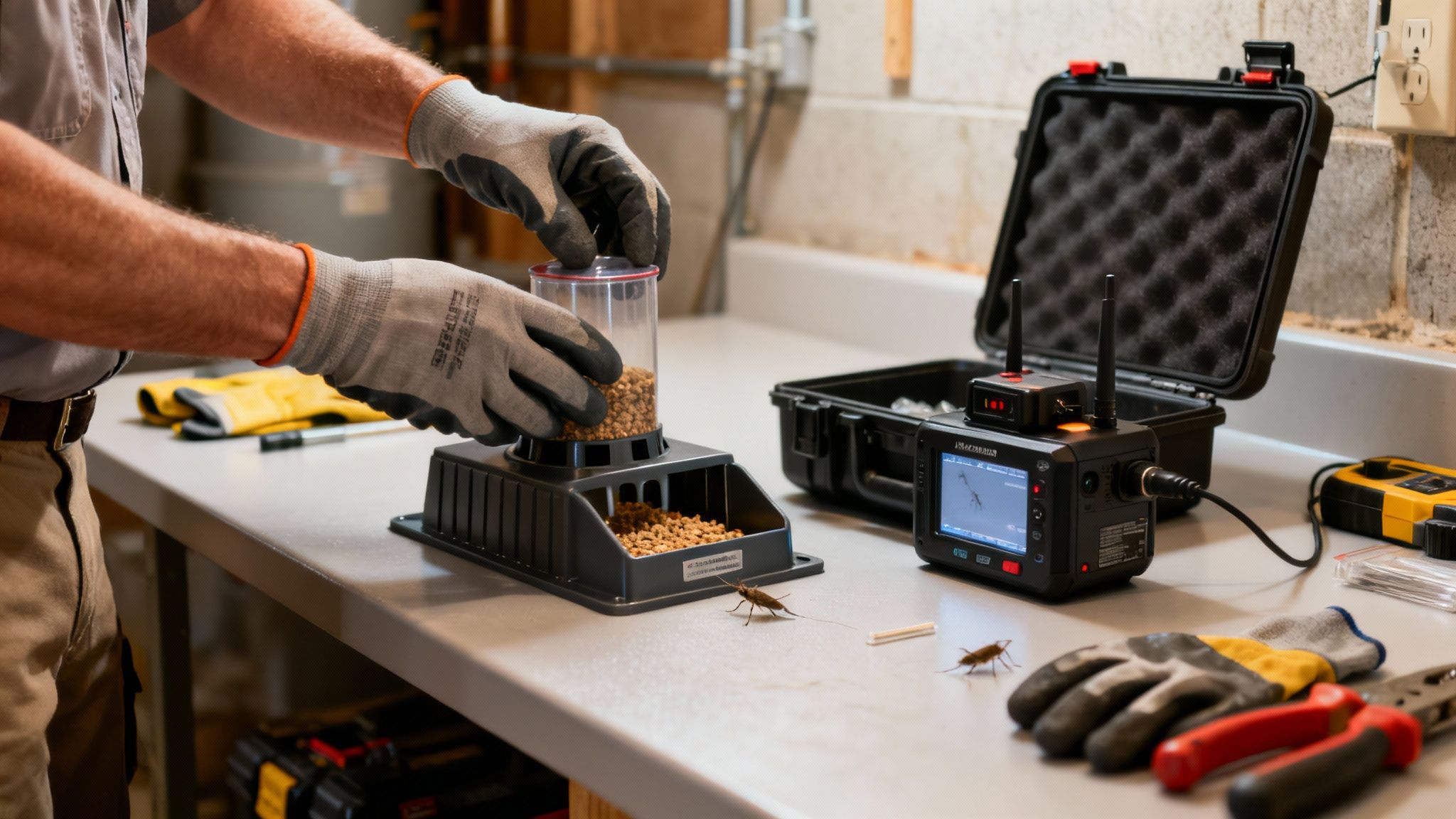 Person fylder fælde med foderpiller til skadedyrsbekæmpelse. Monitor viser insekter, kakerlakker på bordet.