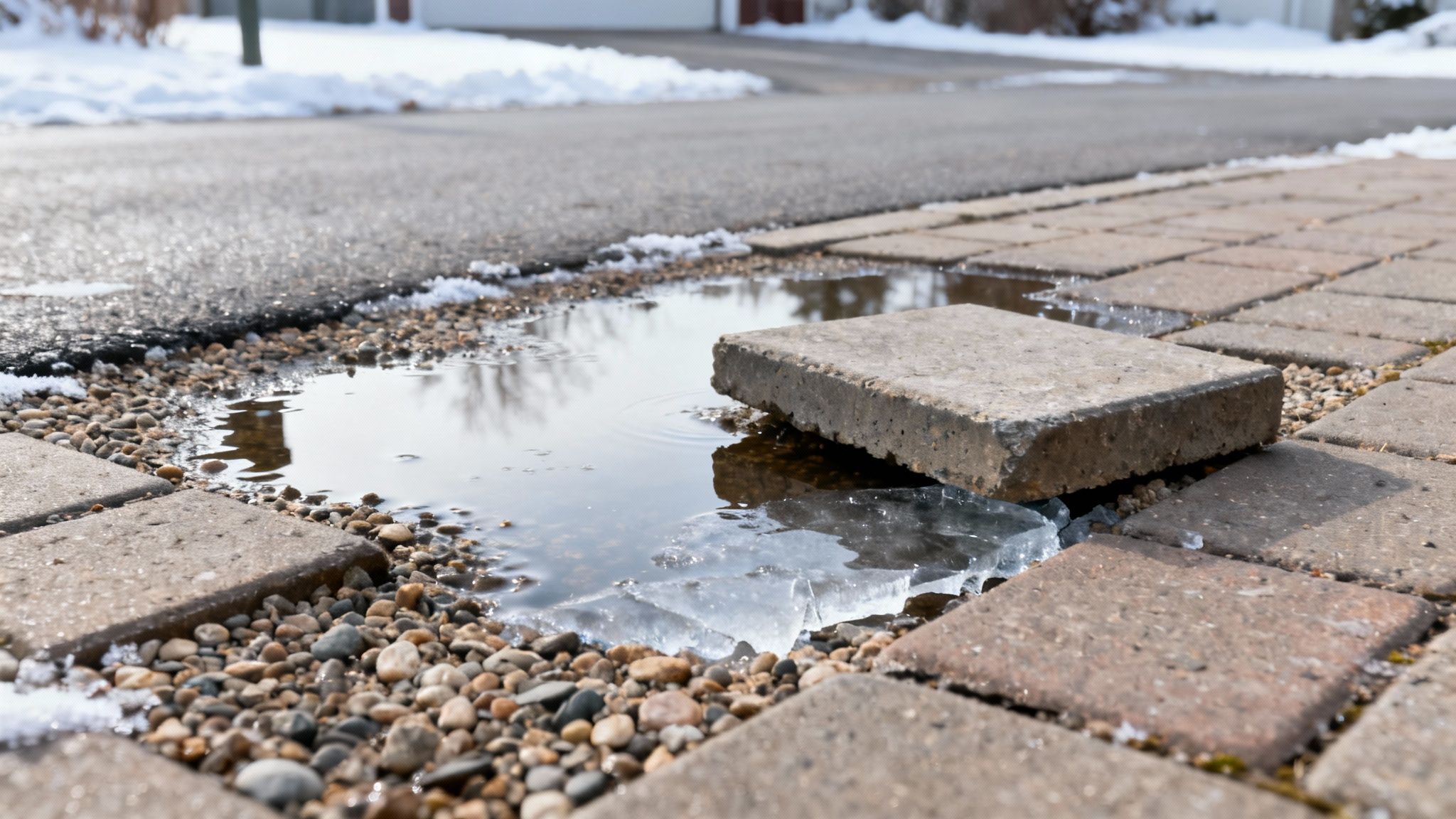 En forhøjet flise ved siden af en vandpyt med is, grus, en vej og sne i baggrunden.