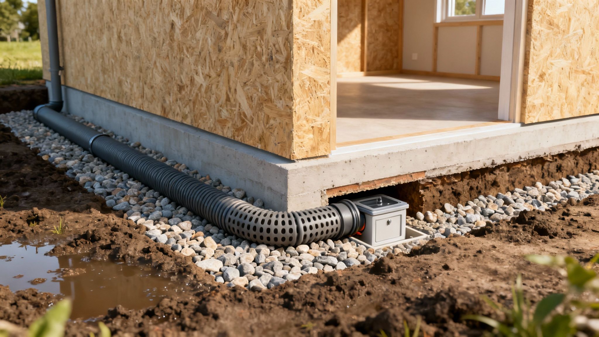 Hus under opførelse med omfangsdræn, der viser fundament, perforerede drænrør og grus. Jorden er våd med pytter.
