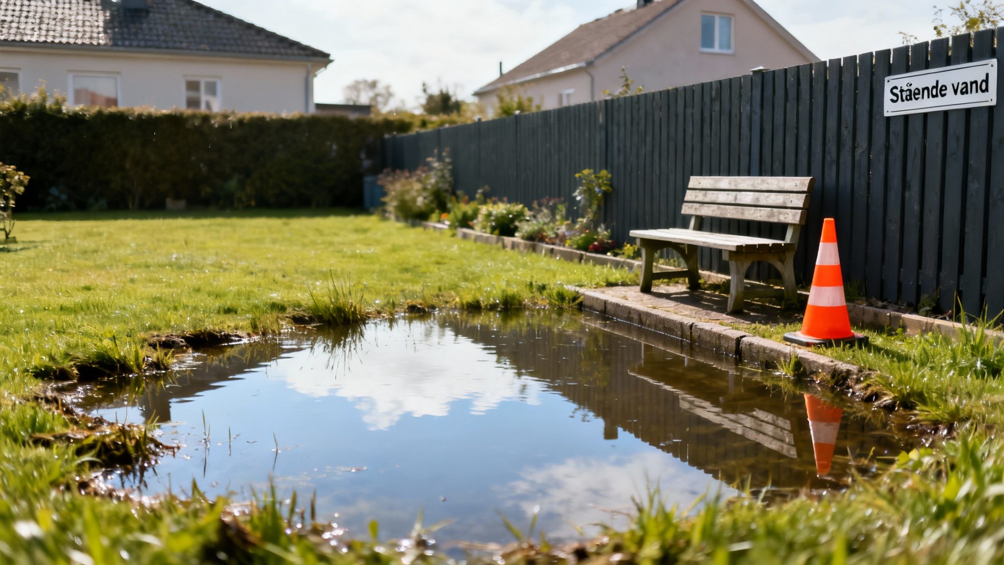 En solrig have med en stor vandpyt, en træbænk, en orange trafik kegle og et skilt med 'Stående vand'.