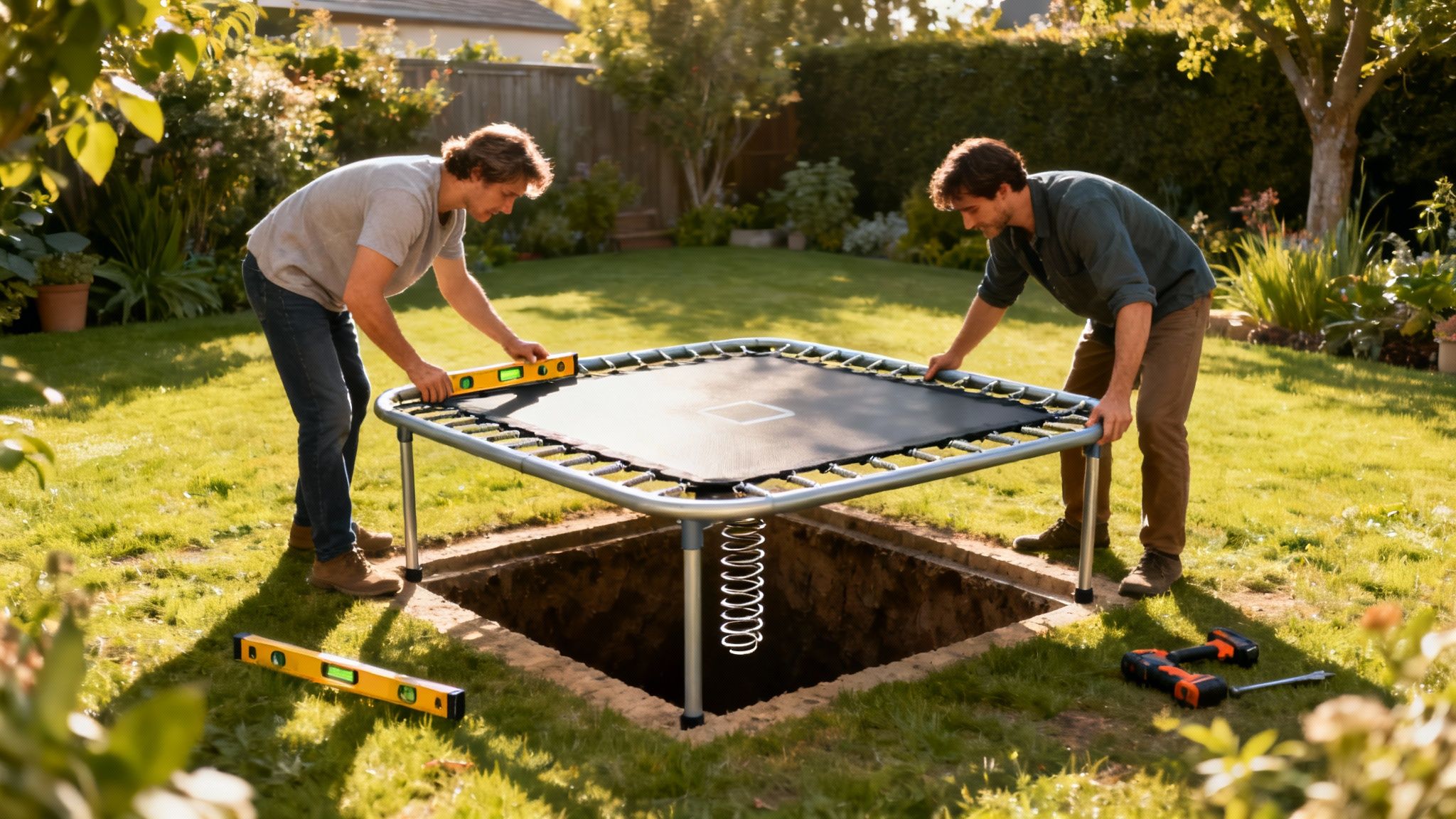 En næsten færdigmonteret trampolin, hvor fjedre og springmåtte er ved at blive sat på rammen.