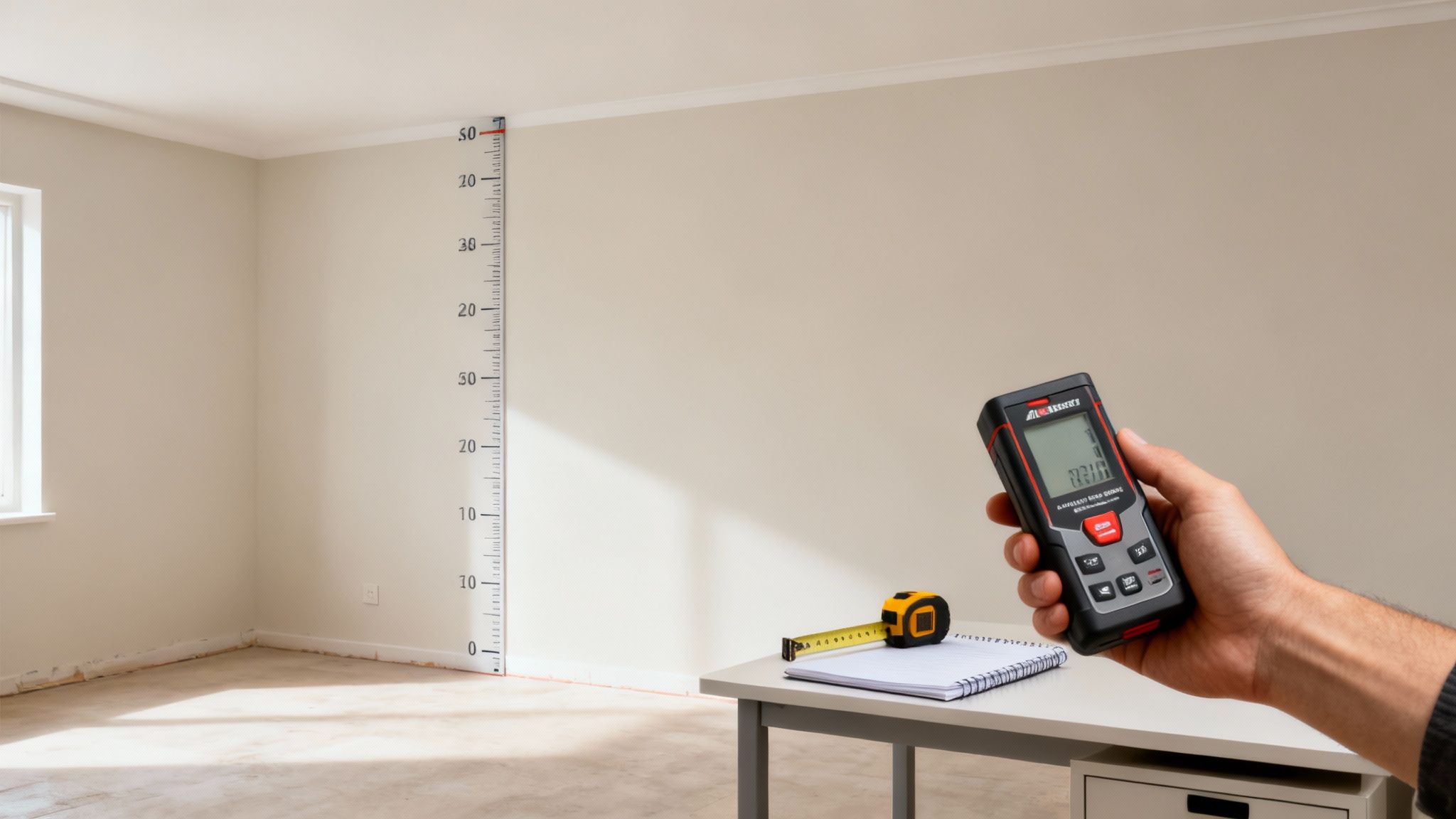 Hånd holder digital lasermåler i tomt rum med målebånd og notesbog på bord