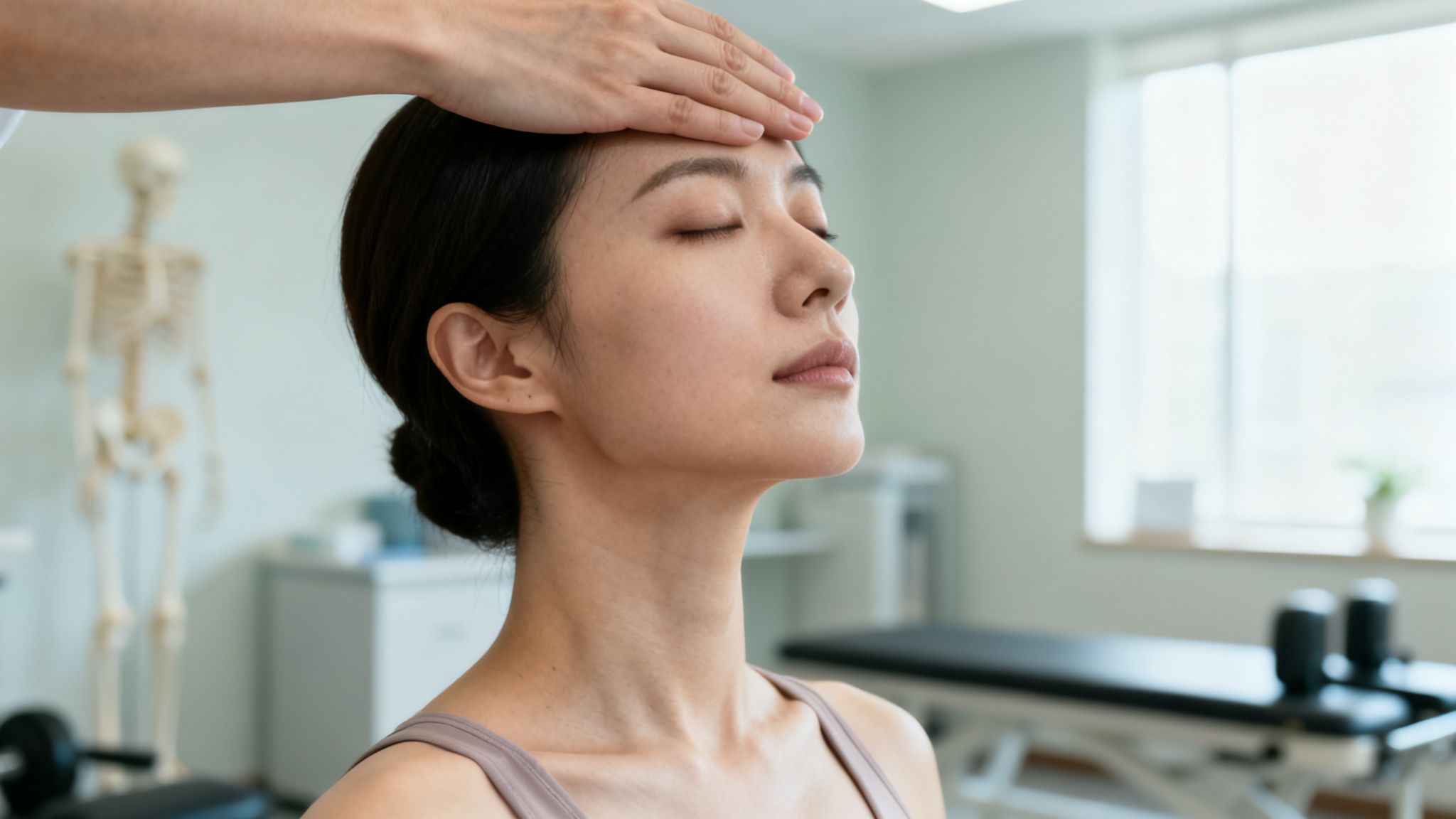 En person rører forsigtigt en anden persons pande, muligvis under behandling eller afslapning, med et skelet i baggrunden.