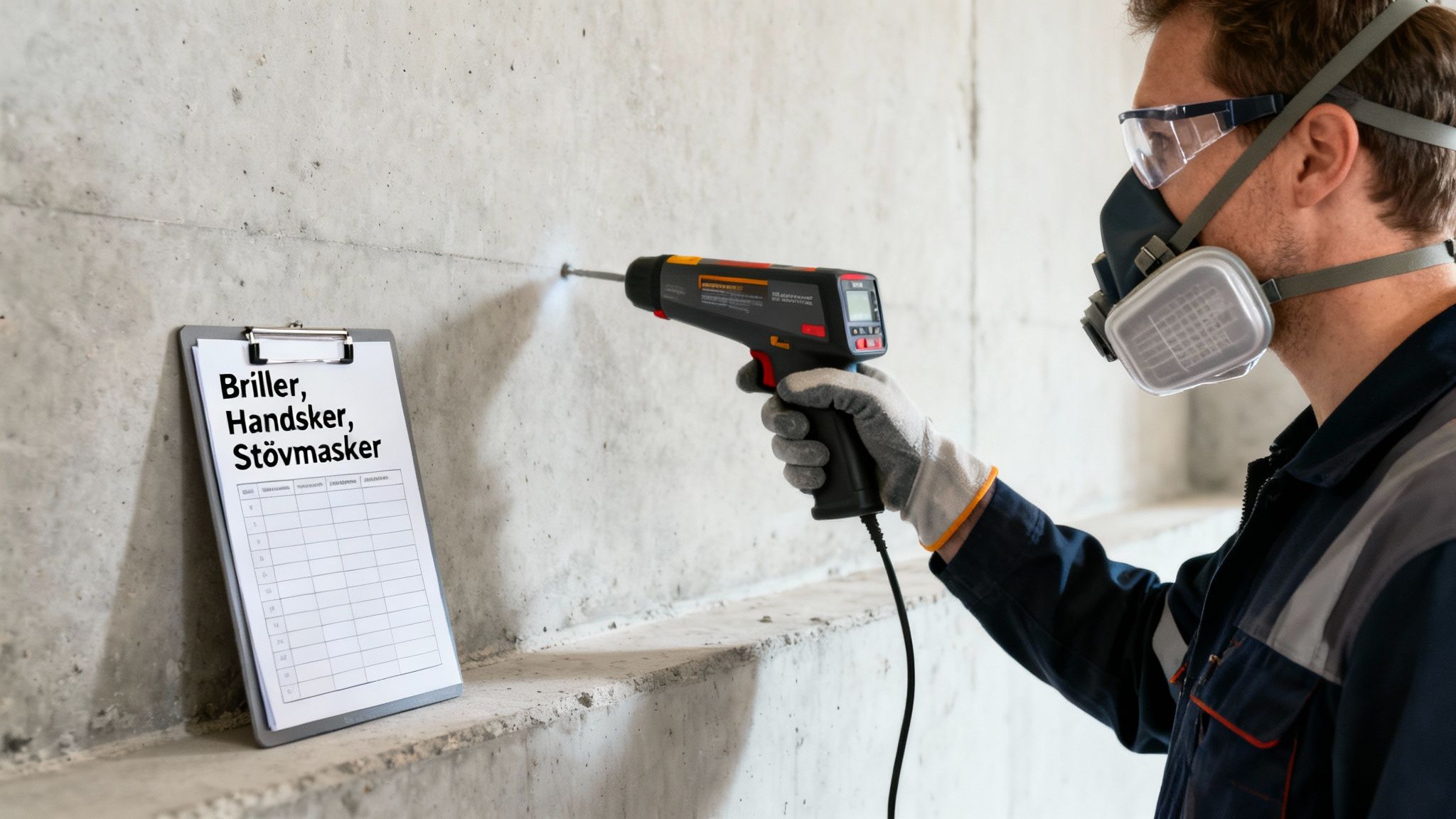 En mand borer i en betonvæg med sikkerhedsudstyr og en liste over personligt værnemiddel.