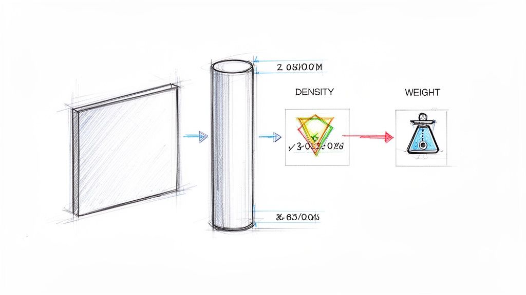 En tegning illustrerer, hvordan en rektangulær blok omdannes til en cylinder, og beregner dens densitet og vægt.