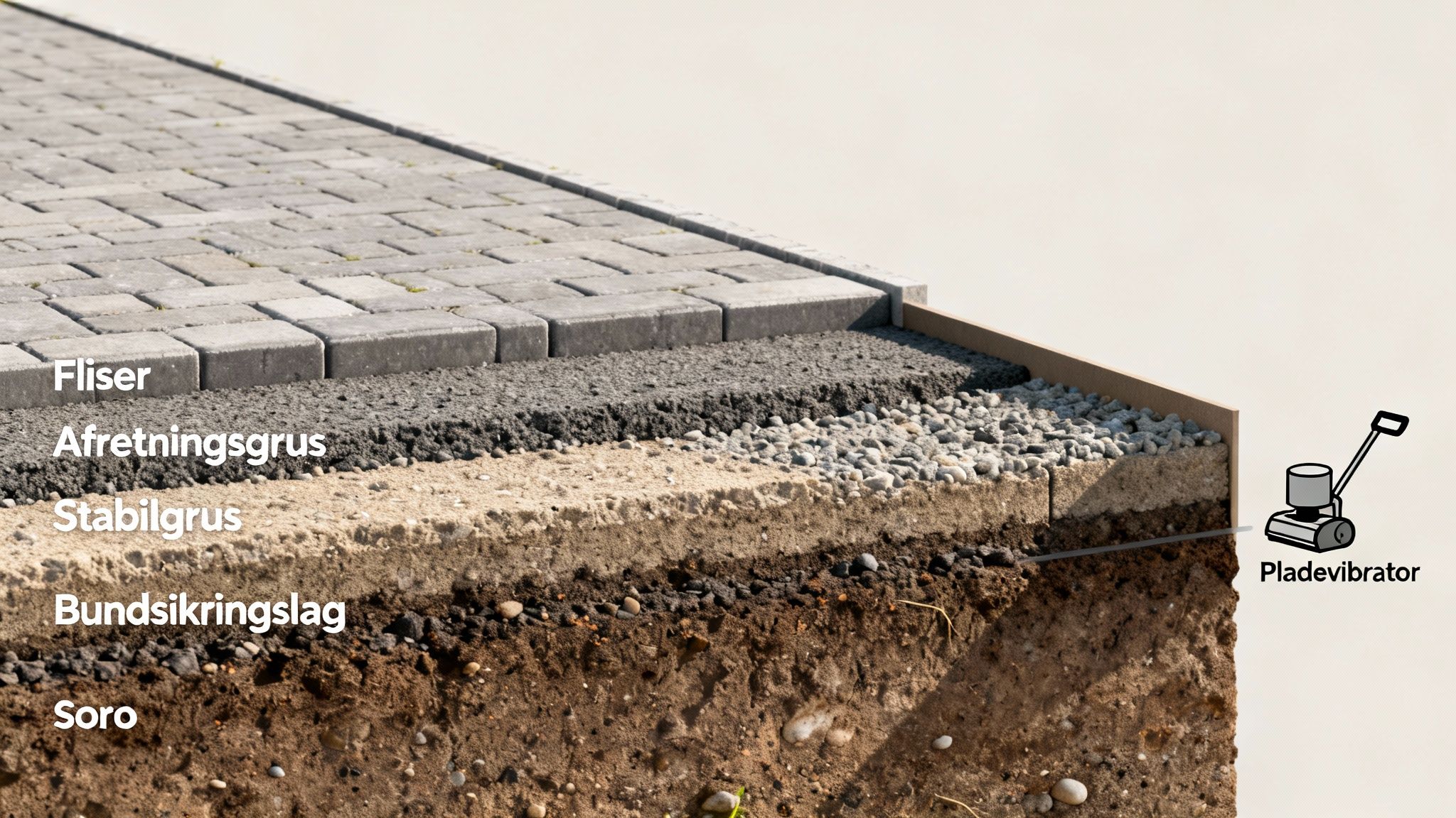 Lagdelt udsnit af flisebelægning med underlag som afretningsgrus, stabilgrus og bundsikringslag, samt en pladevibrator.