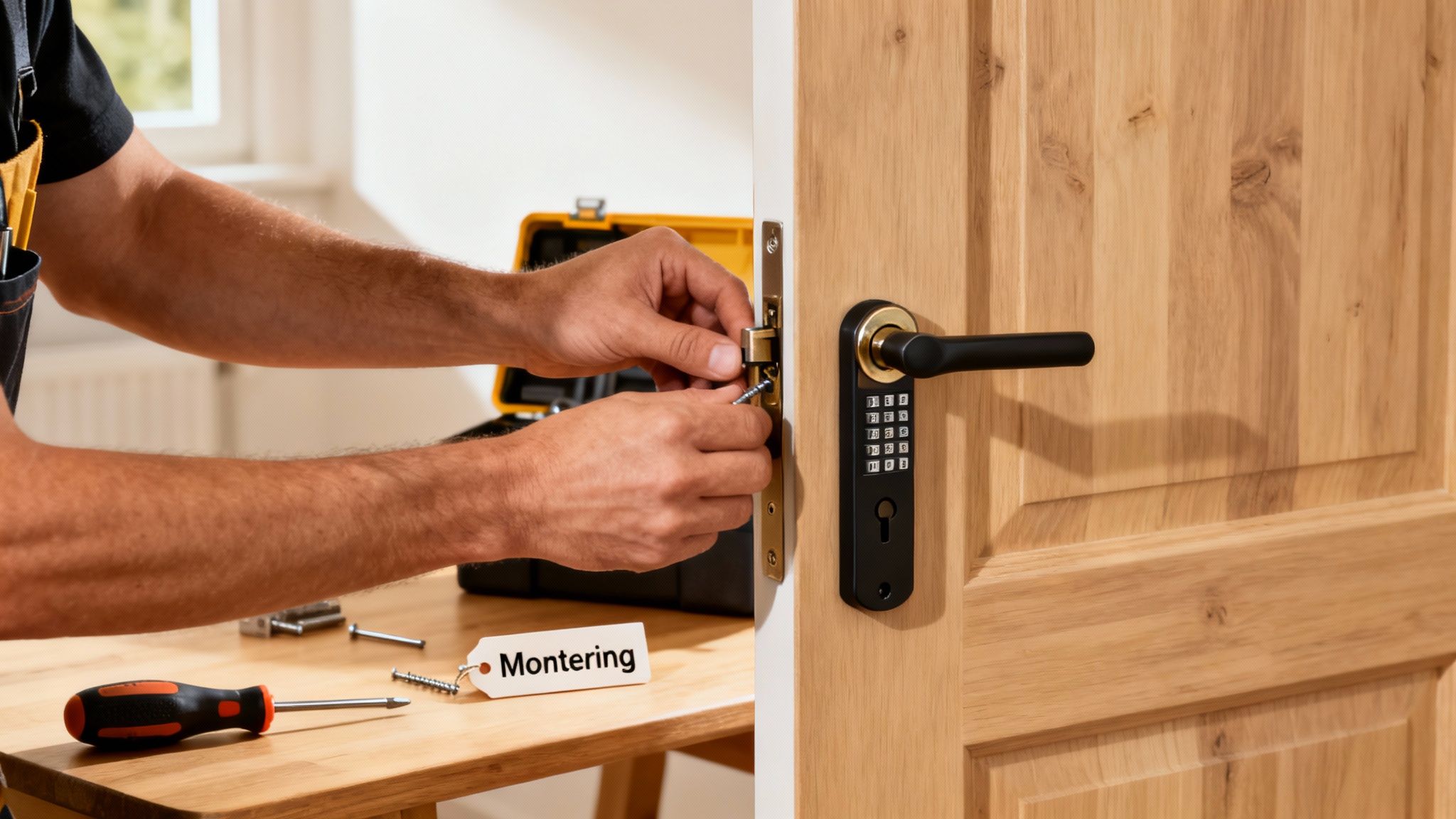 En person monterer en moderne kodelås på en trædør. Værktøj og en værktøjskasse er synlige.