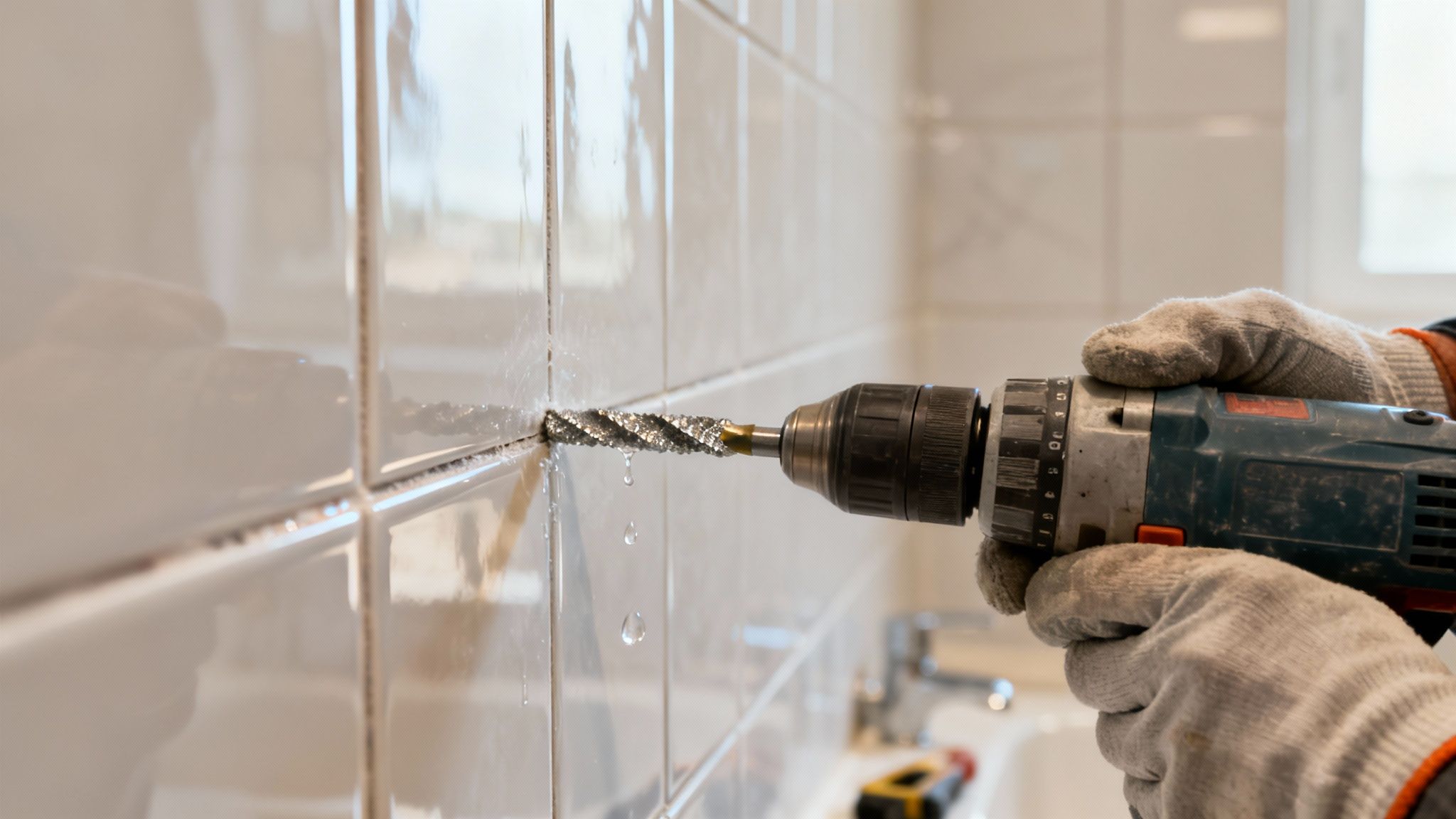 En person borer i hvide fliser med en boremaskine, mens vand drypper ned fra boret.