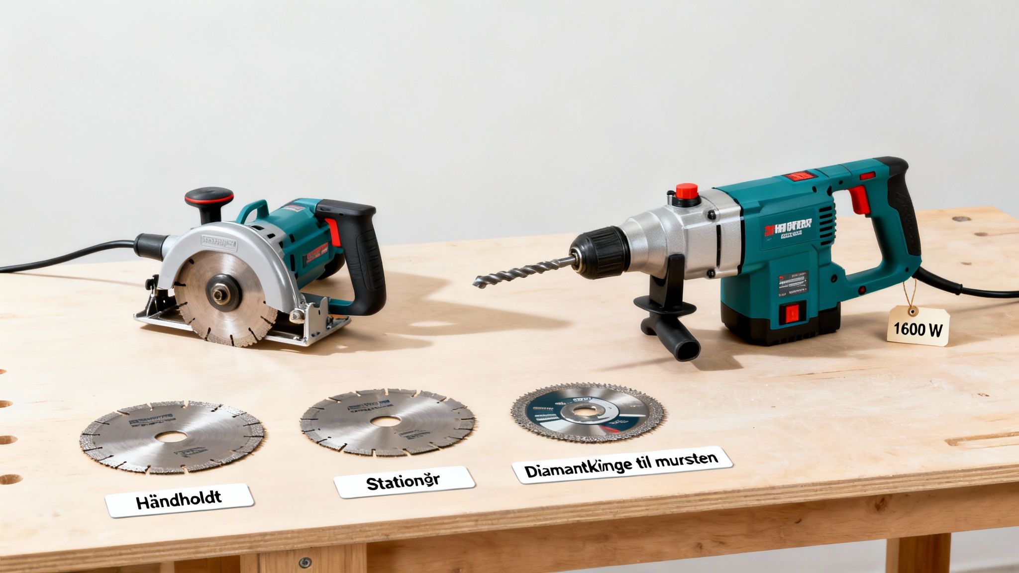 Et udvalg af elværktøj og diamantklinger til byggeprojekter, herunder rillefræser og borehammer.