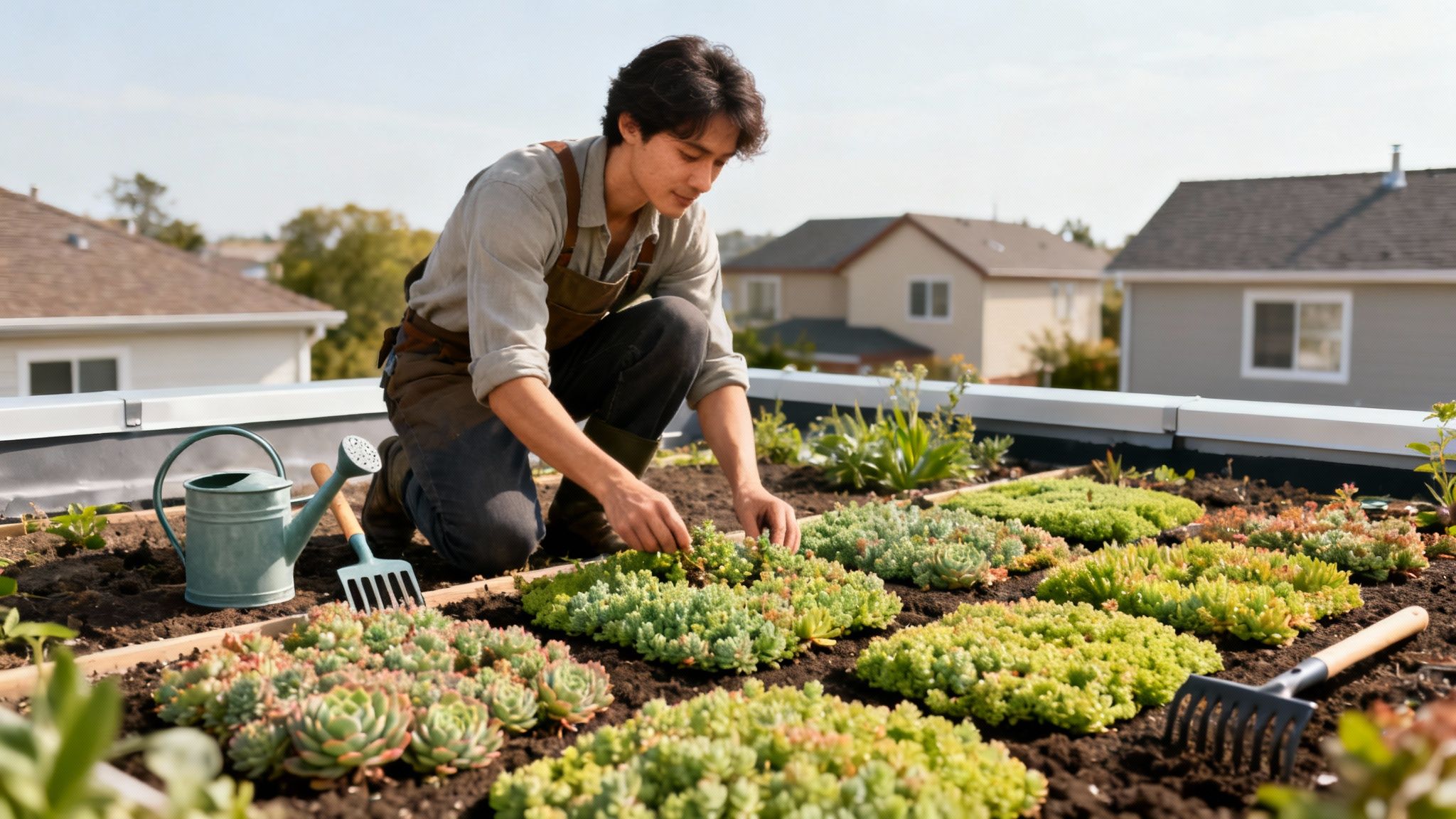 En mand i forklæde plejer omhyggeligt sedumplanter på et grønt tag med haveredskaber i solen.