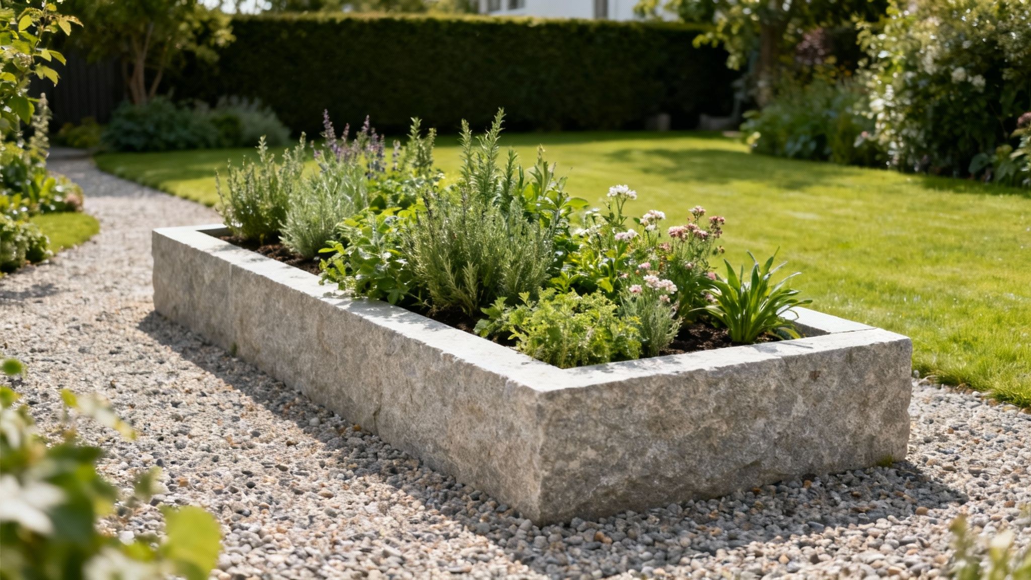 Højbed i natursten fyldt med urter og blomster på grusbelagt havegang med grøn græsplæne