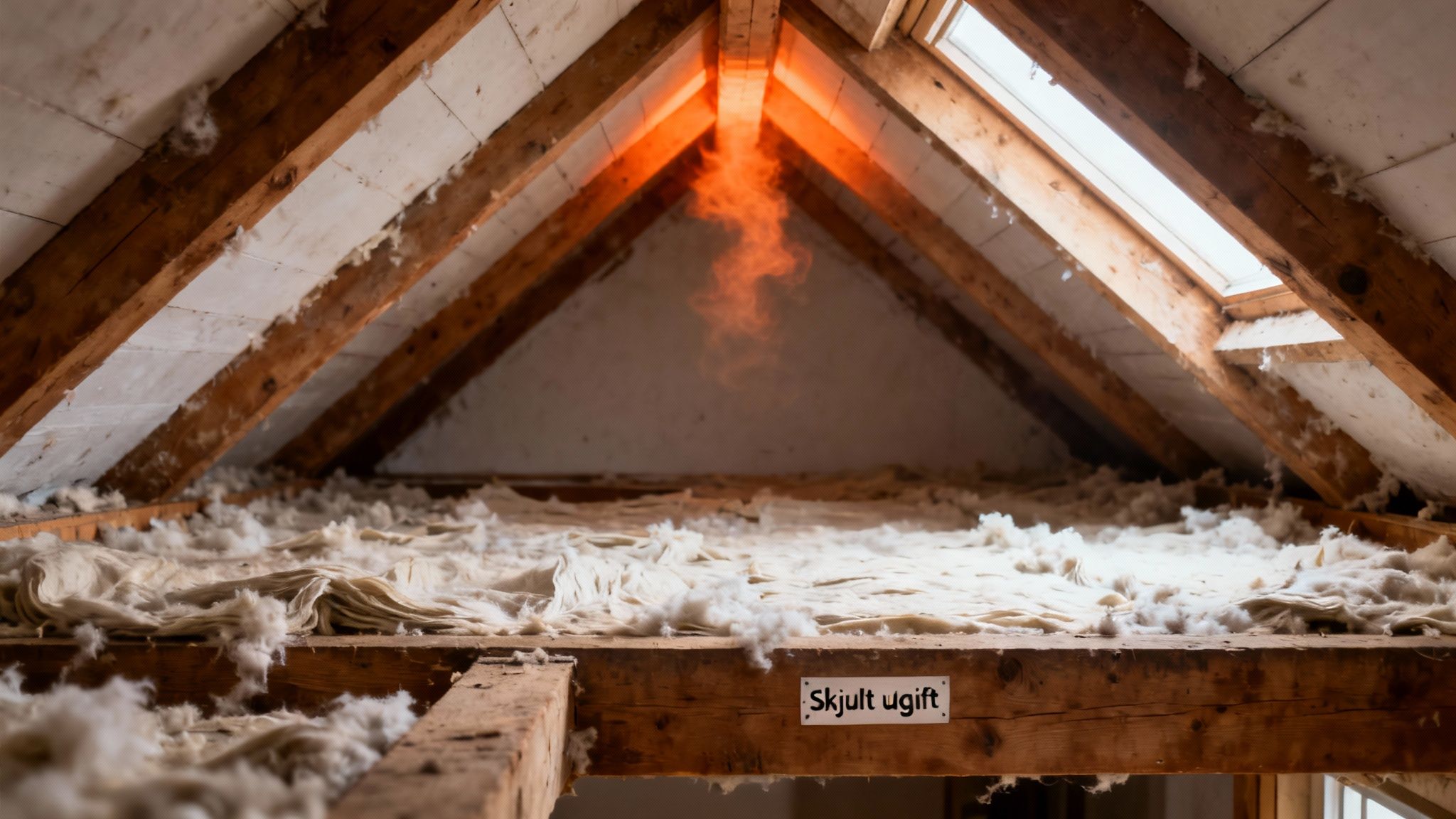 Loftrum med isolering, synlige træbjælker, ovenlysvindue og et oplyst område, der indikerer varmetab.
