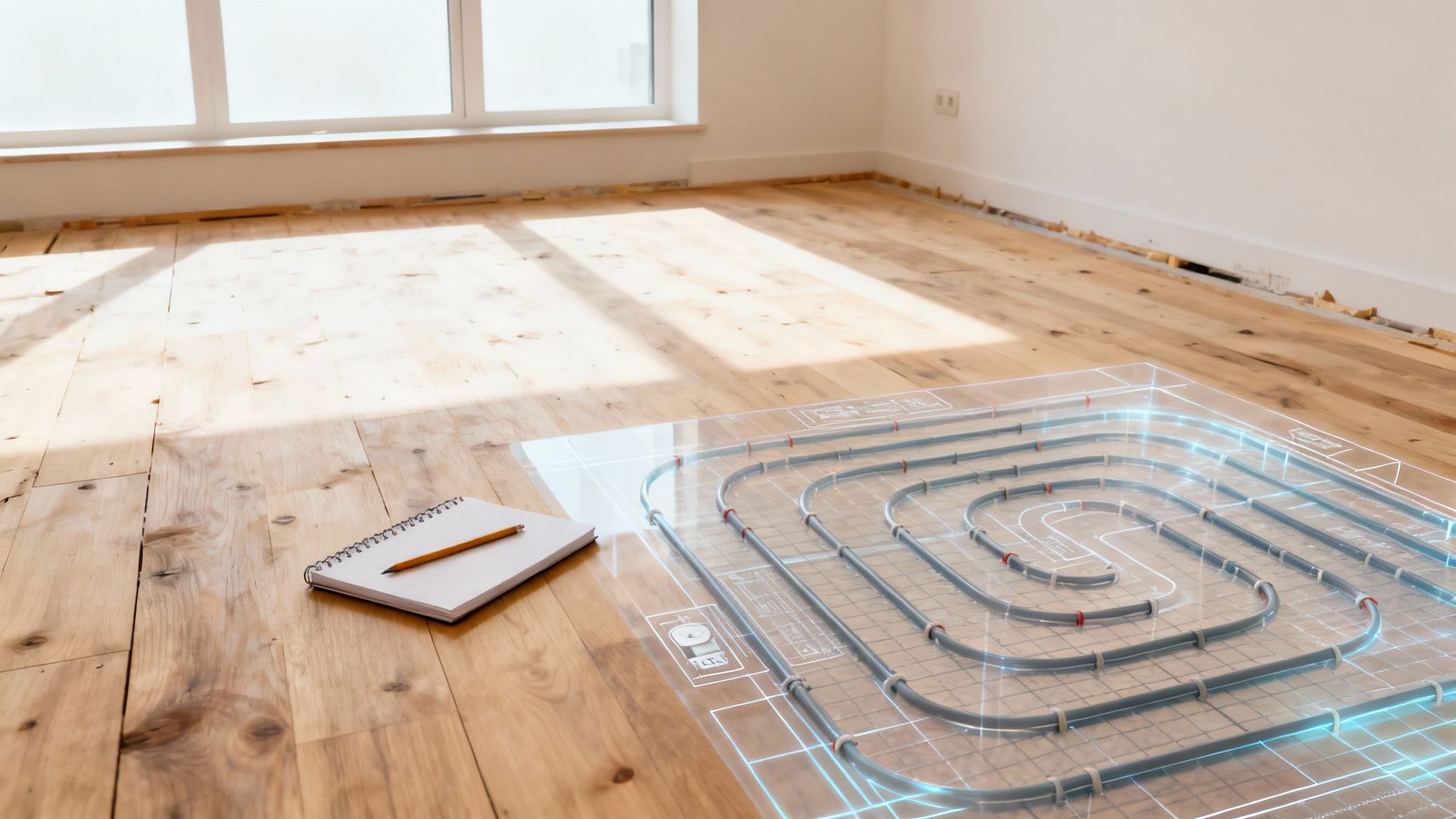 En person installerer gulvvarmeslanger på isoleringsplader.