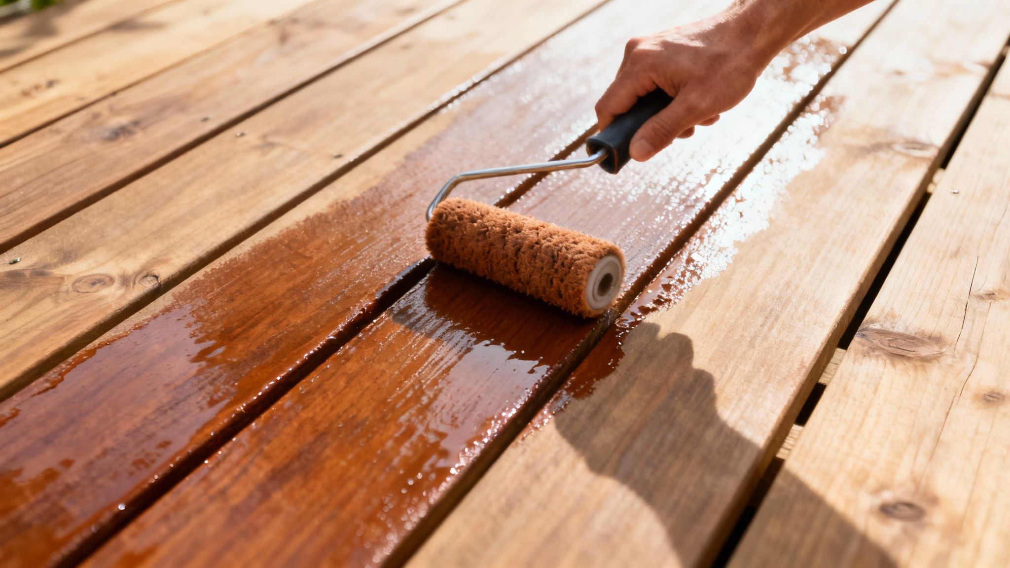 En person bruger en bred pensel til at påføre terrasseolie på en træterrasse.