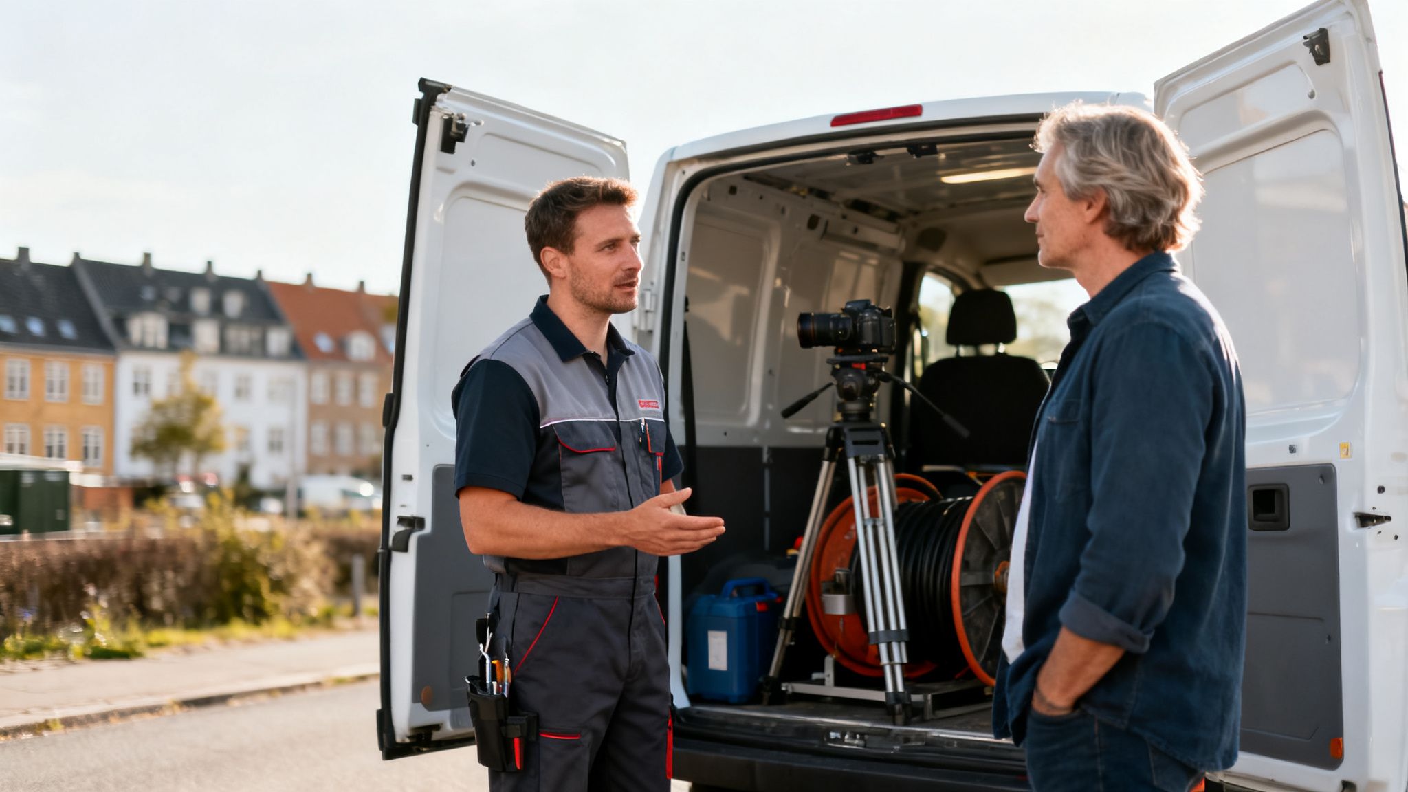 To mænd, en tekniker og en kunde, taler foran en hvid varevogn med tv-inspektionsudstyr i dagslys.