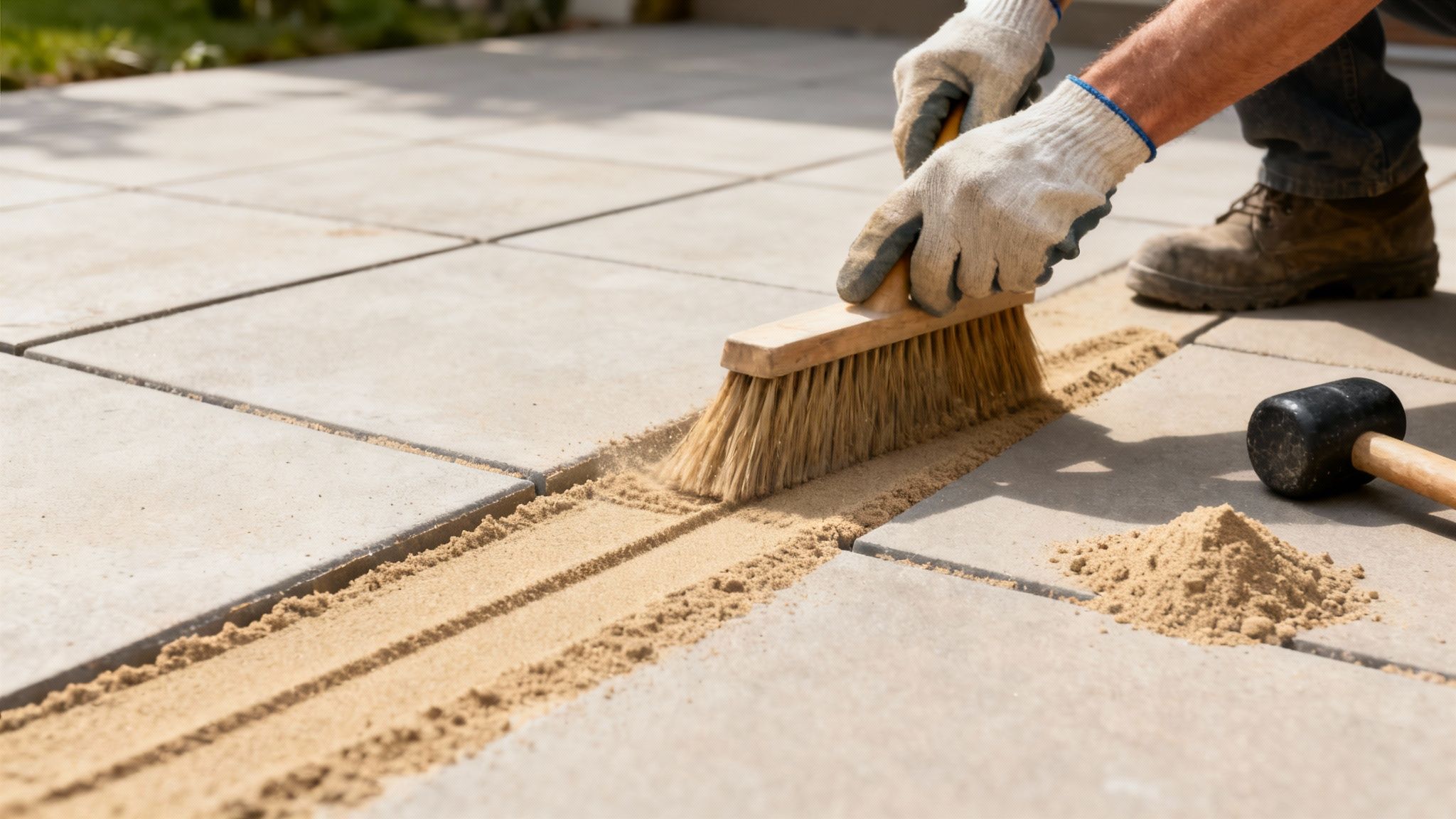Håndværker fejer fugesand mellem fliser på terrasse med børste og gummihammer