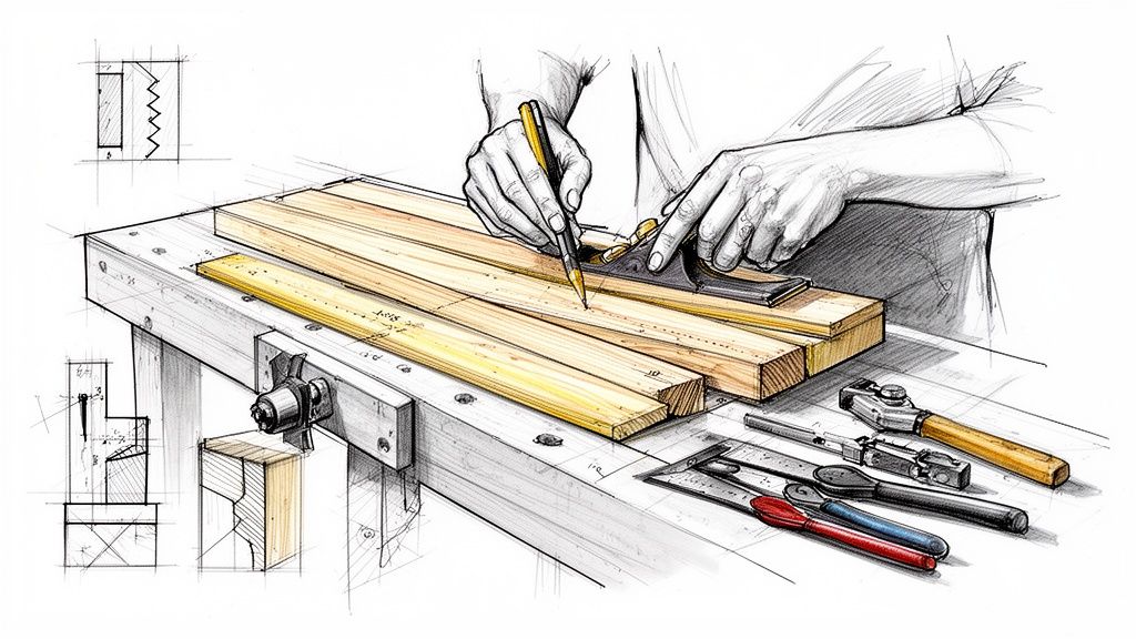 Illustration af en person, der arbejder med træ på et arbejdsbord, der markerer brædder med blyant og lineal. Detaljer om snedkerarbejde og værktøj.