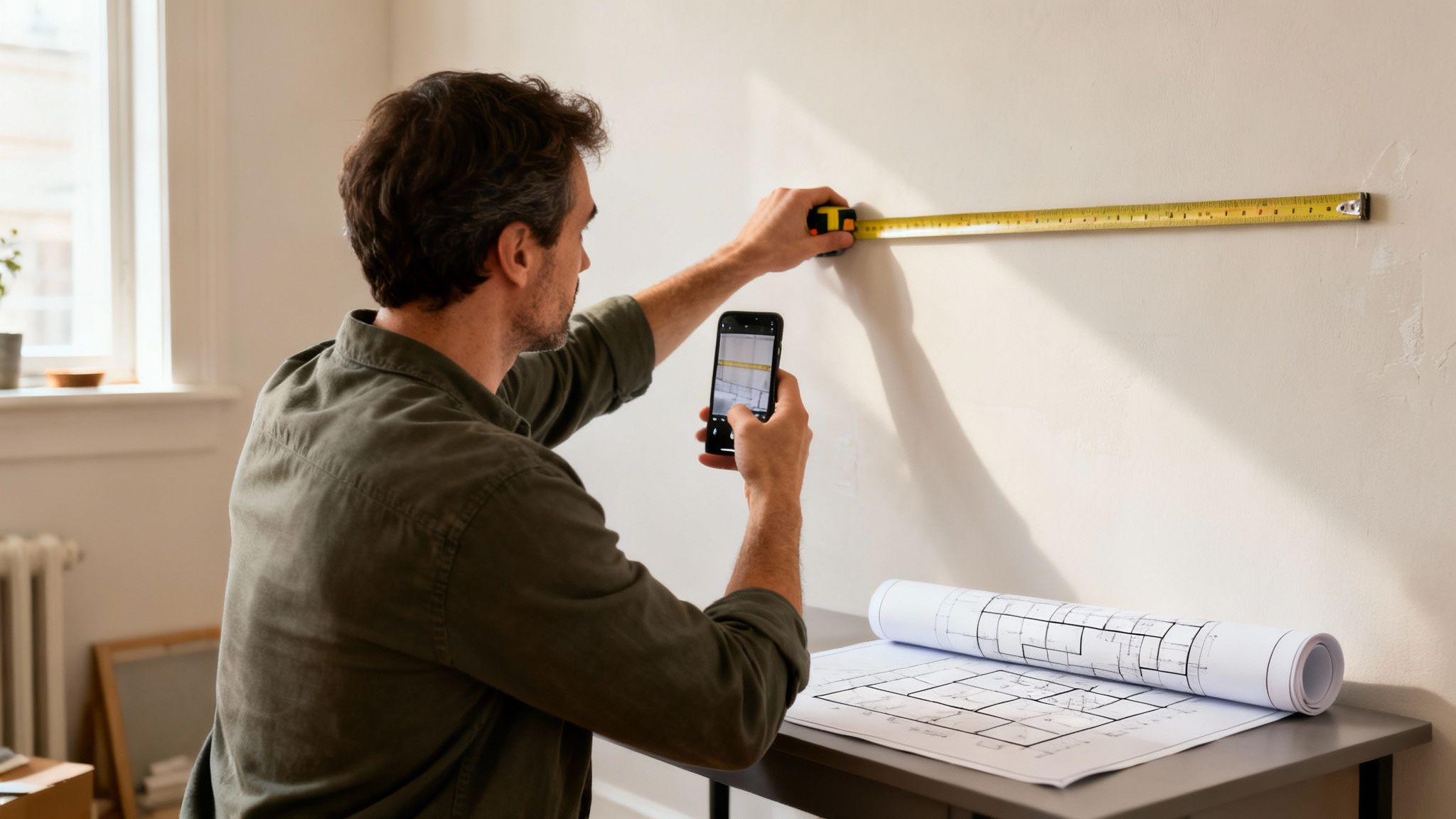 En mand måler en væg med et målebånd og tager et billede med sin smartphone.
