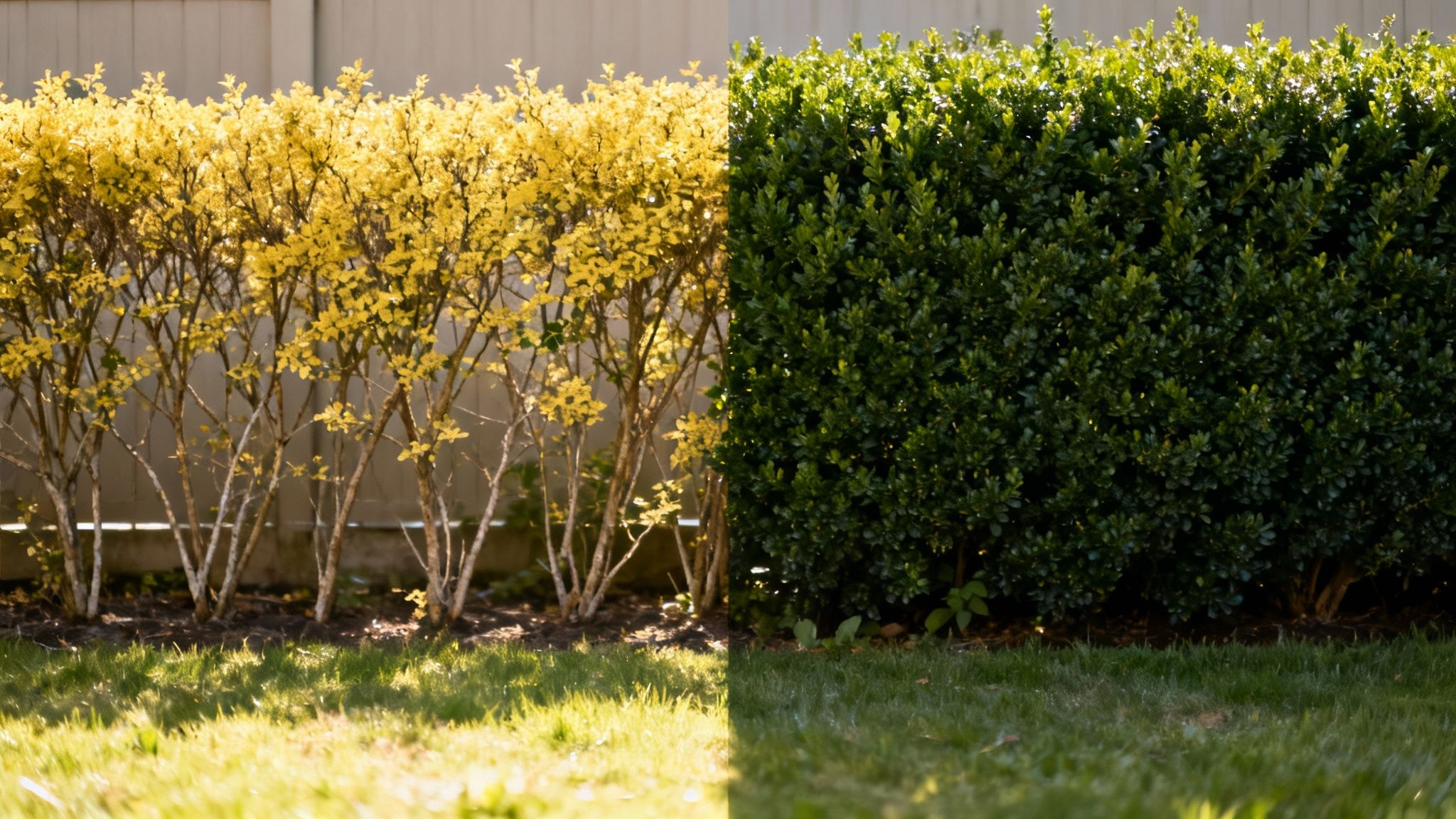 Hække i en have: en lys gulgrøn buskhæk og en tæt grøn ligusterhæk med skygge på græsset.